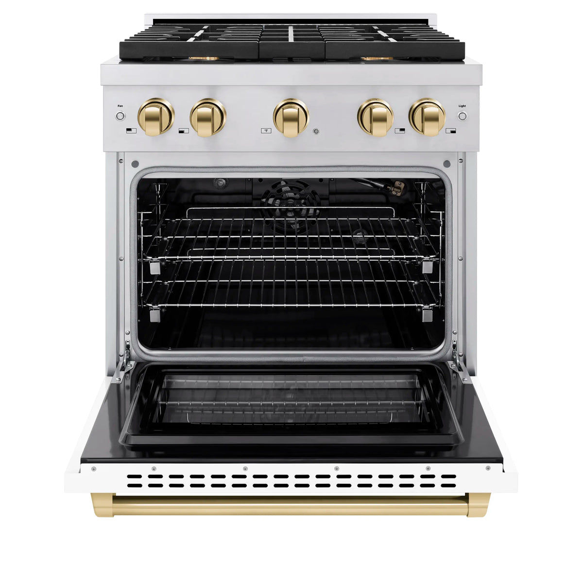 Stainless steel gas oven with open door, gold control knobs, and black interior racks