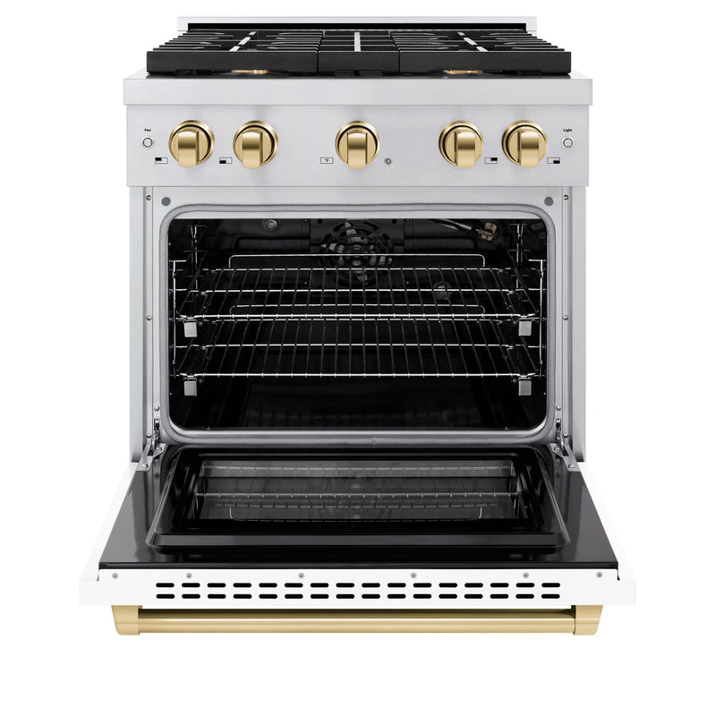 ZLINE Autograph Edition 30-Inch Paramount Gas Range with 4 Burner Cooktop and 4.2 cu. ft. Convection Gas Oven in Stainless Steel with White Matte Door and Polished Gold Accents (SGRZ-WM-30-G)