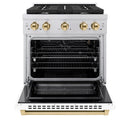 ZLINE Autograph Edition 2-Piece Appliance Package - 30-Inch Gas Range & Wall Mounted Range Hood in Stainless Steel and White Door with Gold Trim (2AKP-SGRWMRH30-G)