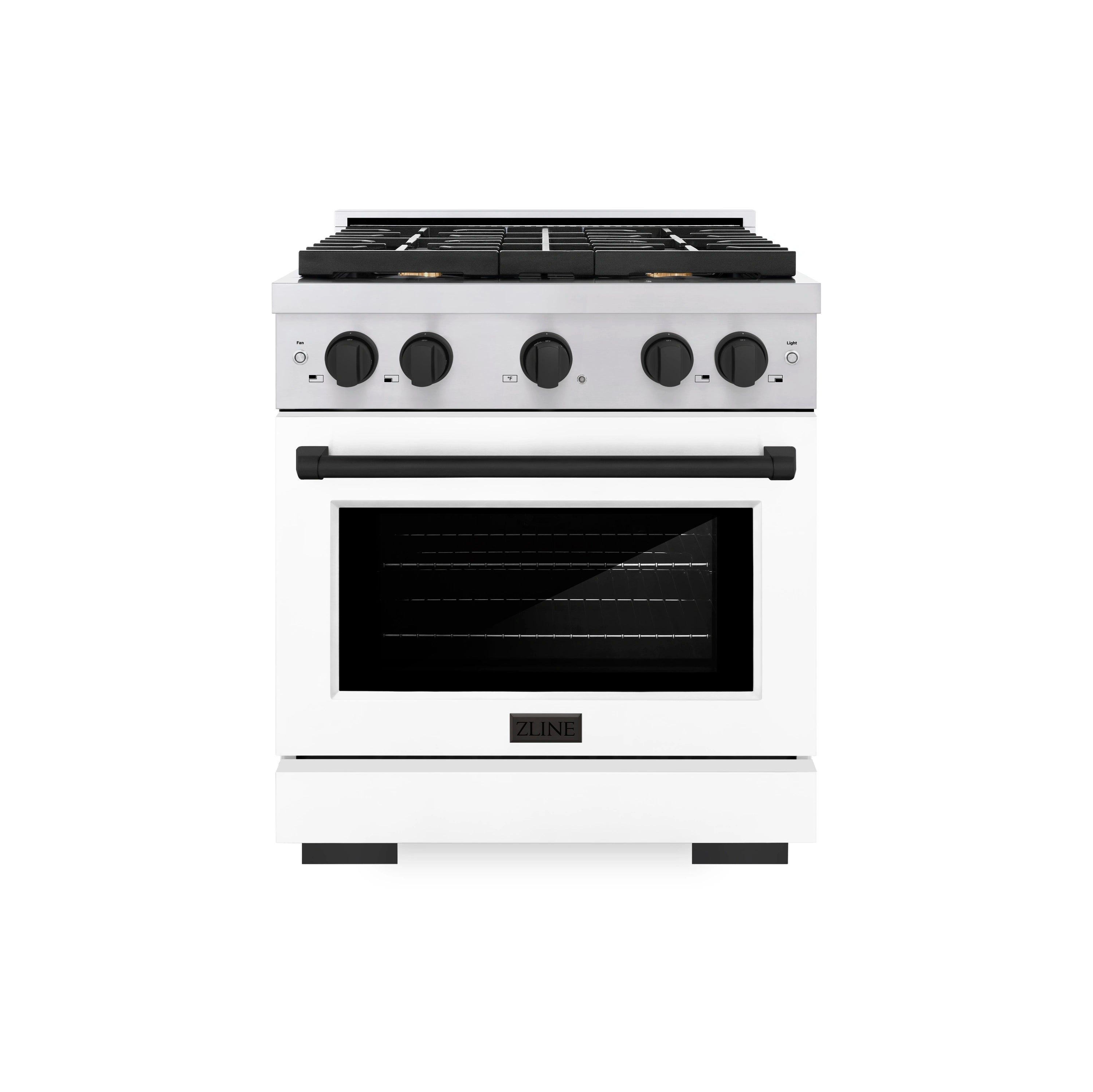 Stainless steel gas range with four black knobs and convection oven window