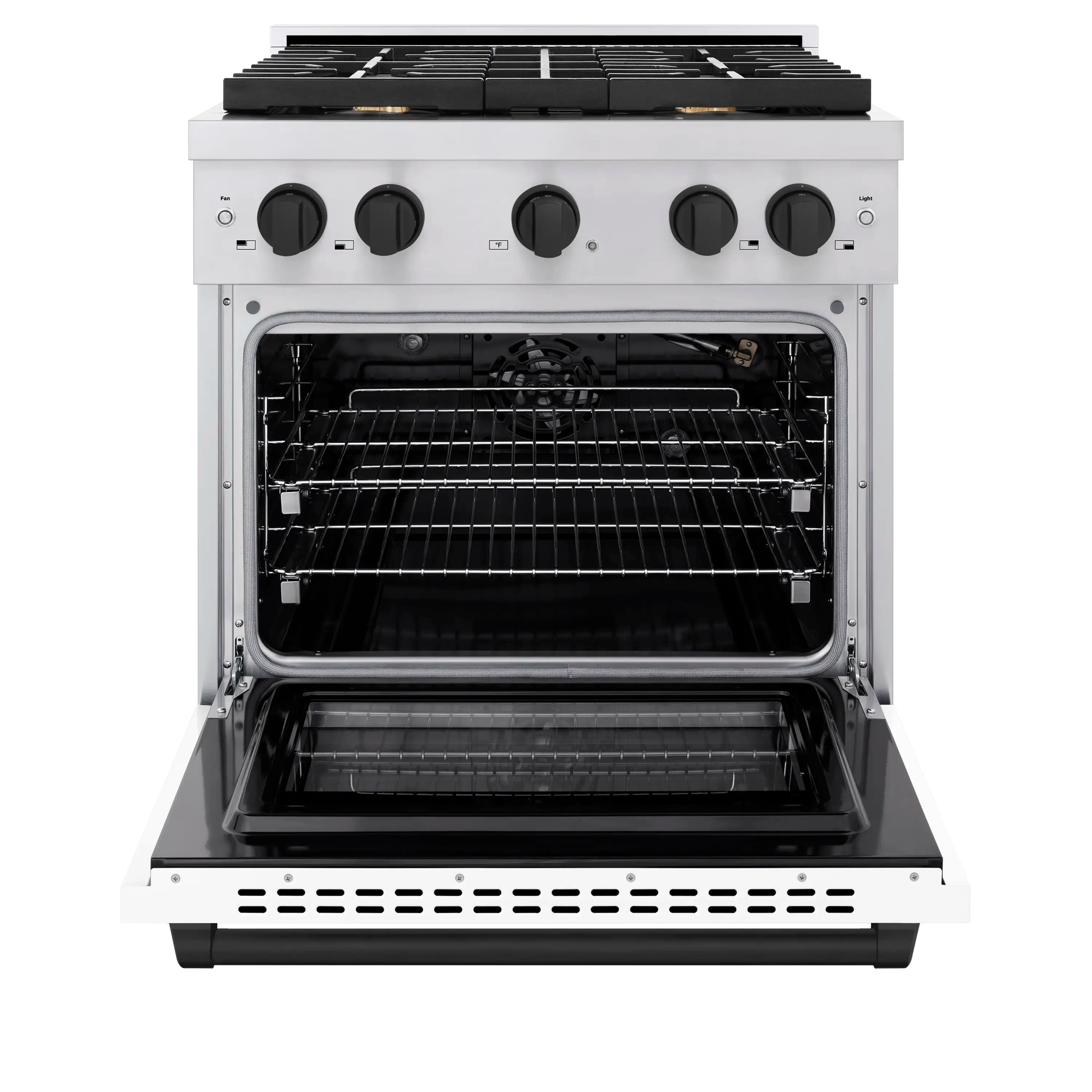 Stainless steel gas range with open convection oven door and full oven racks