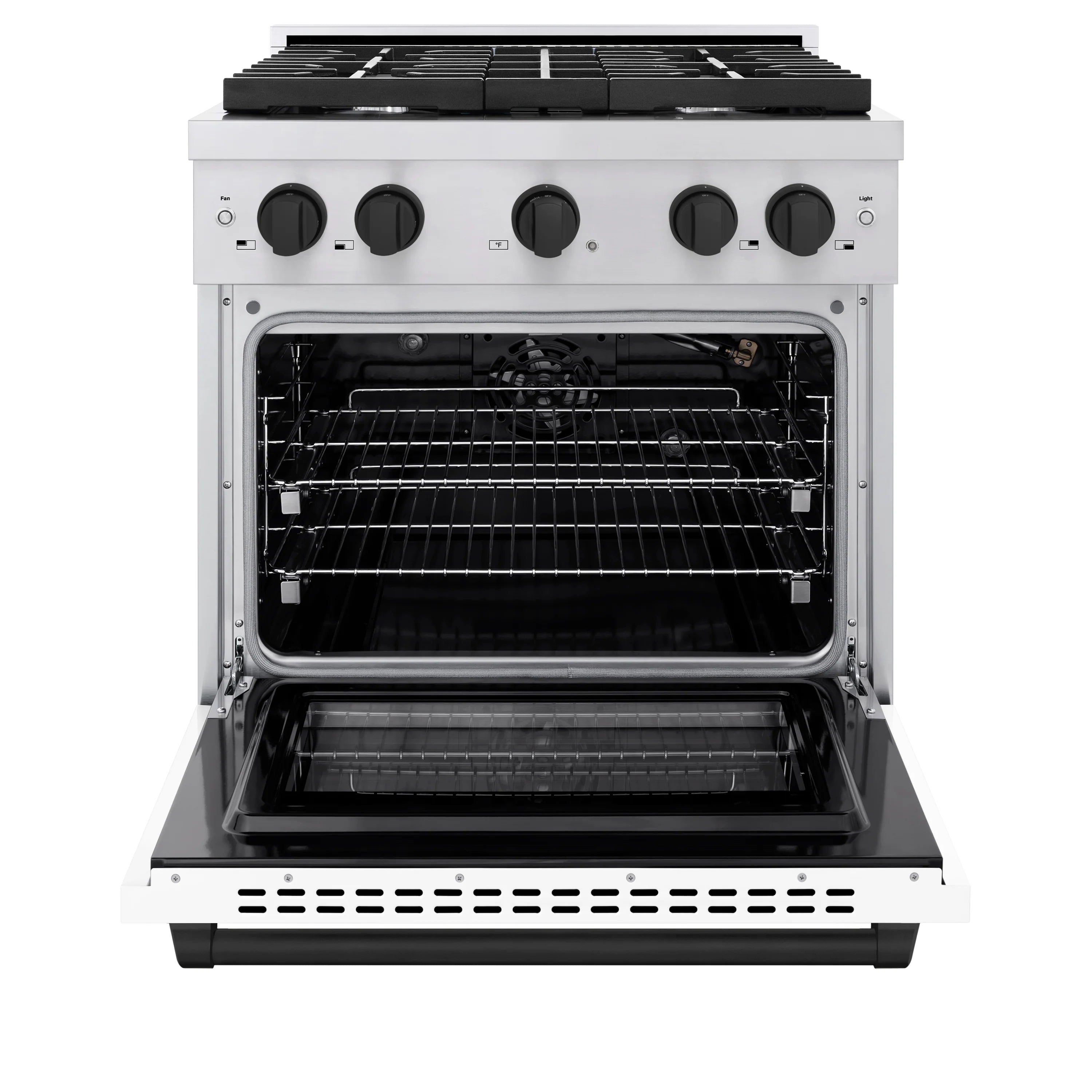 Freestanding gas range with open oven door and wire rack