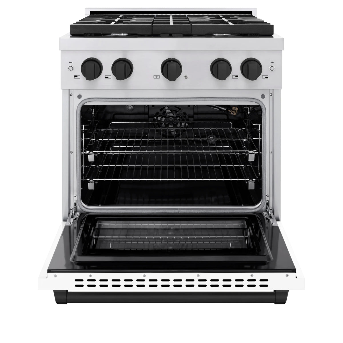 Open gas oven door on a white range with wire racks inside