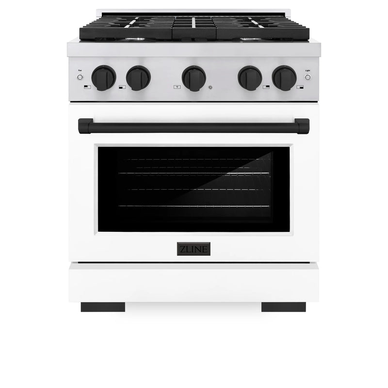 ZLINE Autograph Edition 2-Piece Appliance Package - 30-Inch Gas Range and Wall Mounted Range Hood in Stainless Steel and White Door with Matte Black Trim (2AKP-RGWMRH30-MB)