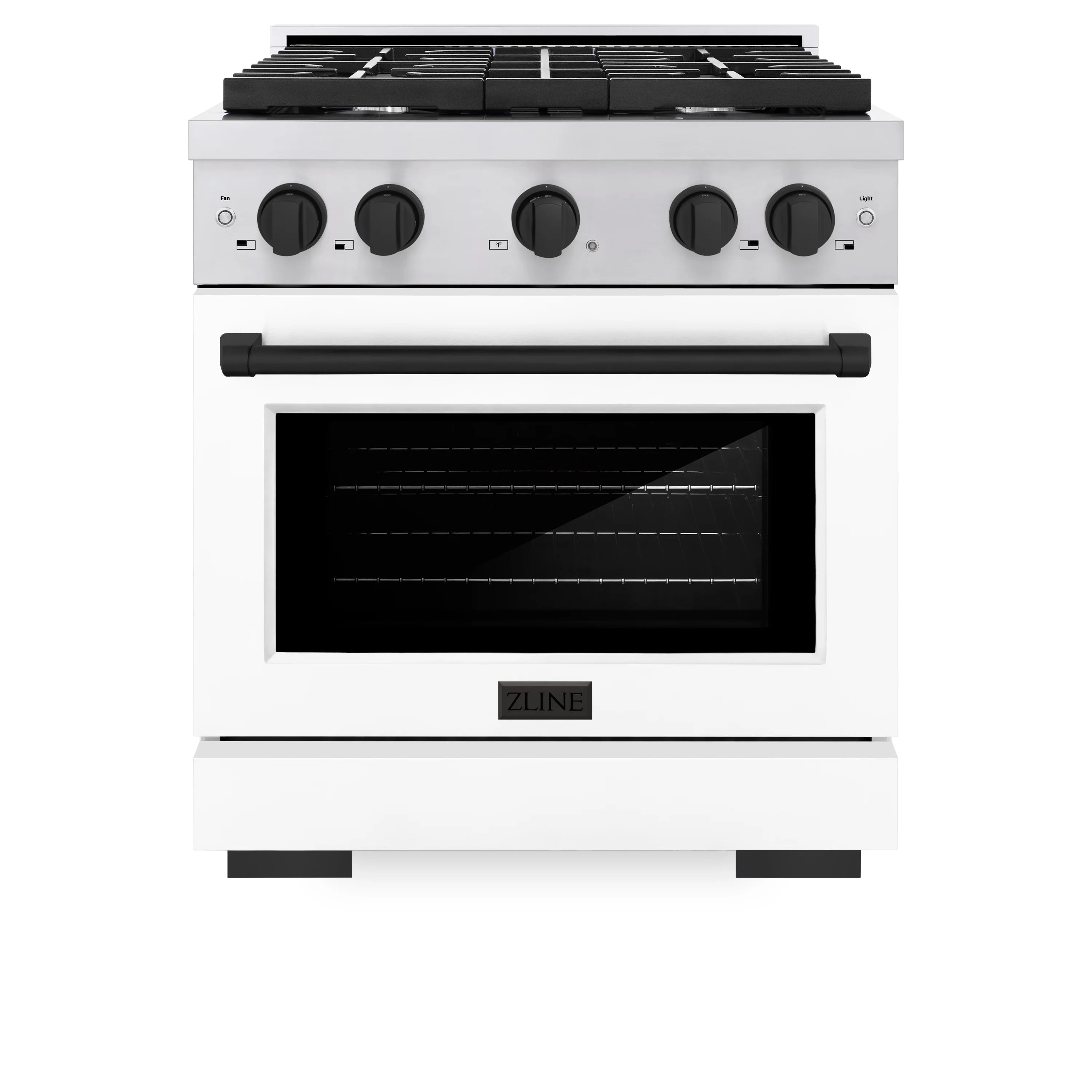 White freestanding gas range with black cooktop grates and control knobs