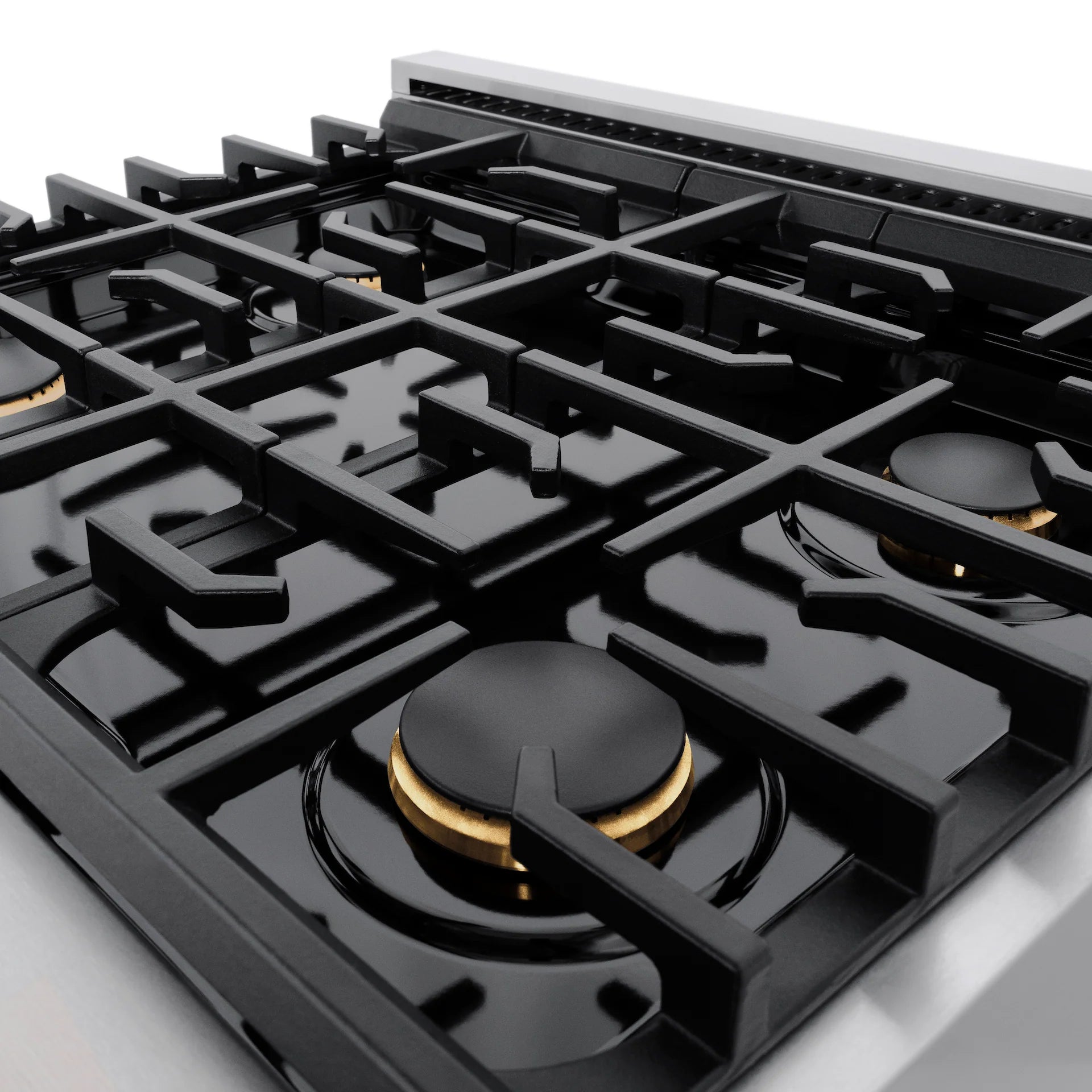 Black cast-iron gas burner grates with round burner caps and brass rings