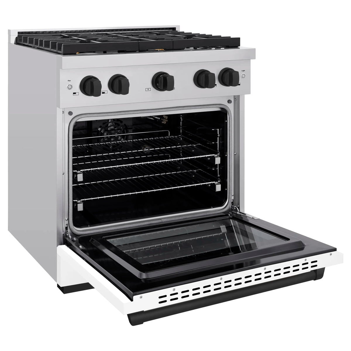Stainless gas range with open convection oven door and black bake tray