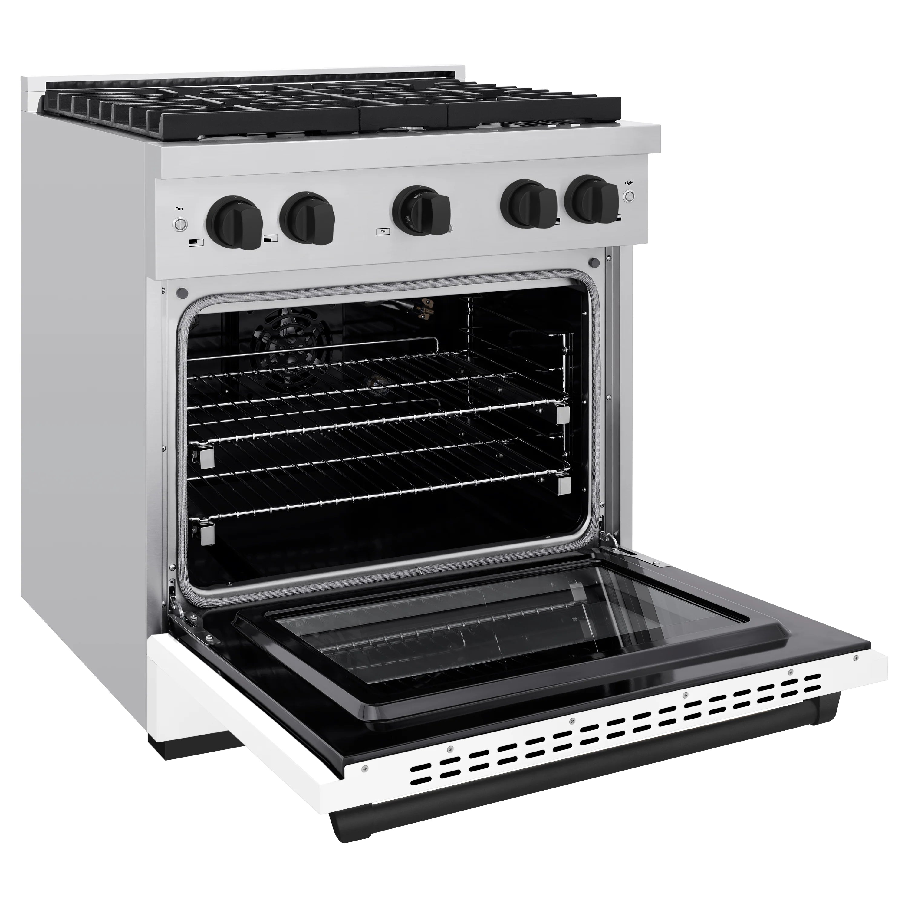 White 30-inch gas range with open oven door and black cooktop grates