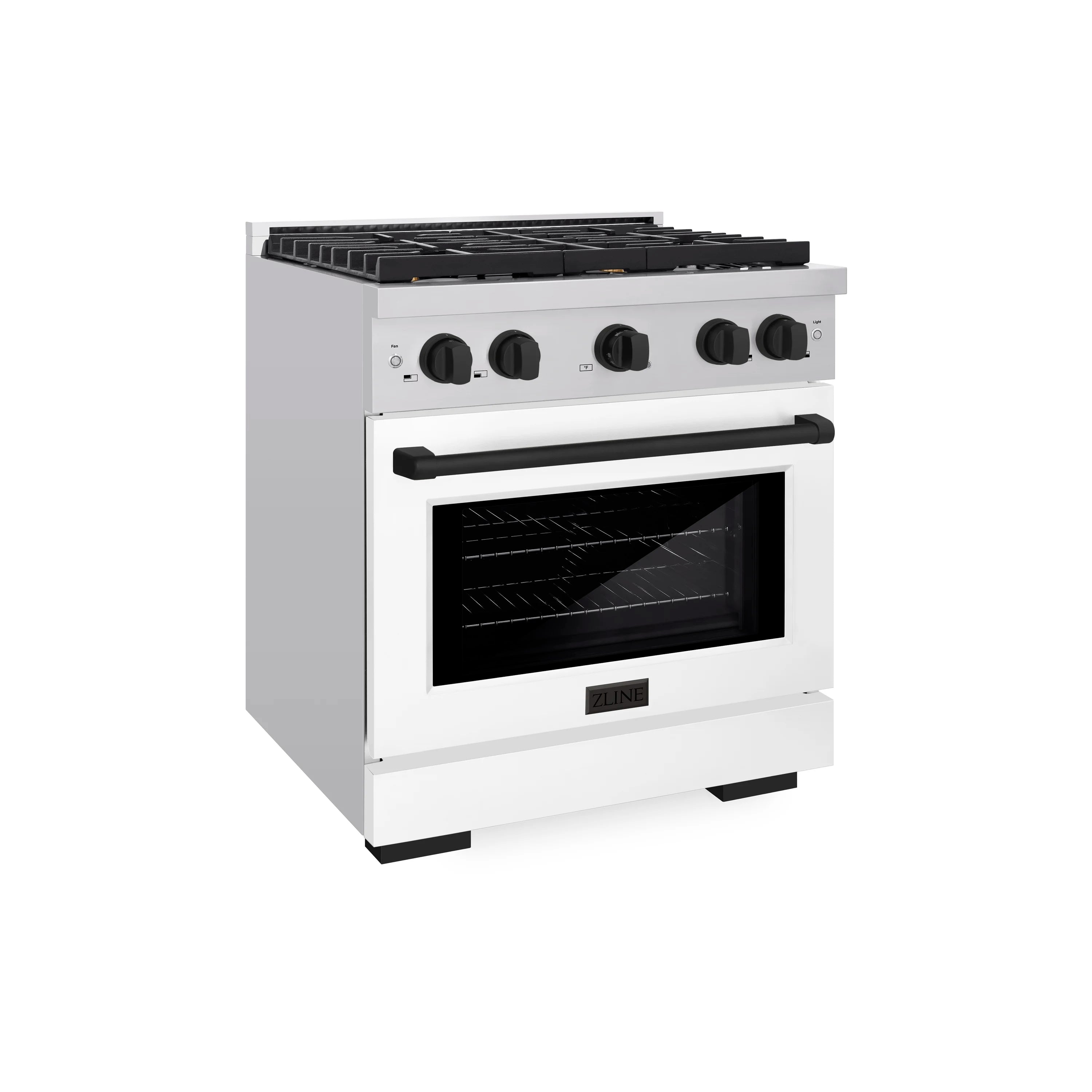 Stainless steel gas range with convection oven door closed and control knobs