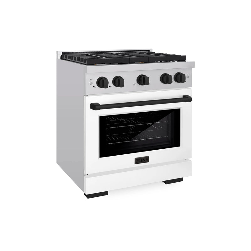 ZLINE Autograph Edition 30-Inch Gas Range with 4 Gas Burners and 4.2 cu. ft. Convection Gas Oven in Stainless Steel with White Matte Door and Matte Black Accents (SGRZ-WM-30-MB)