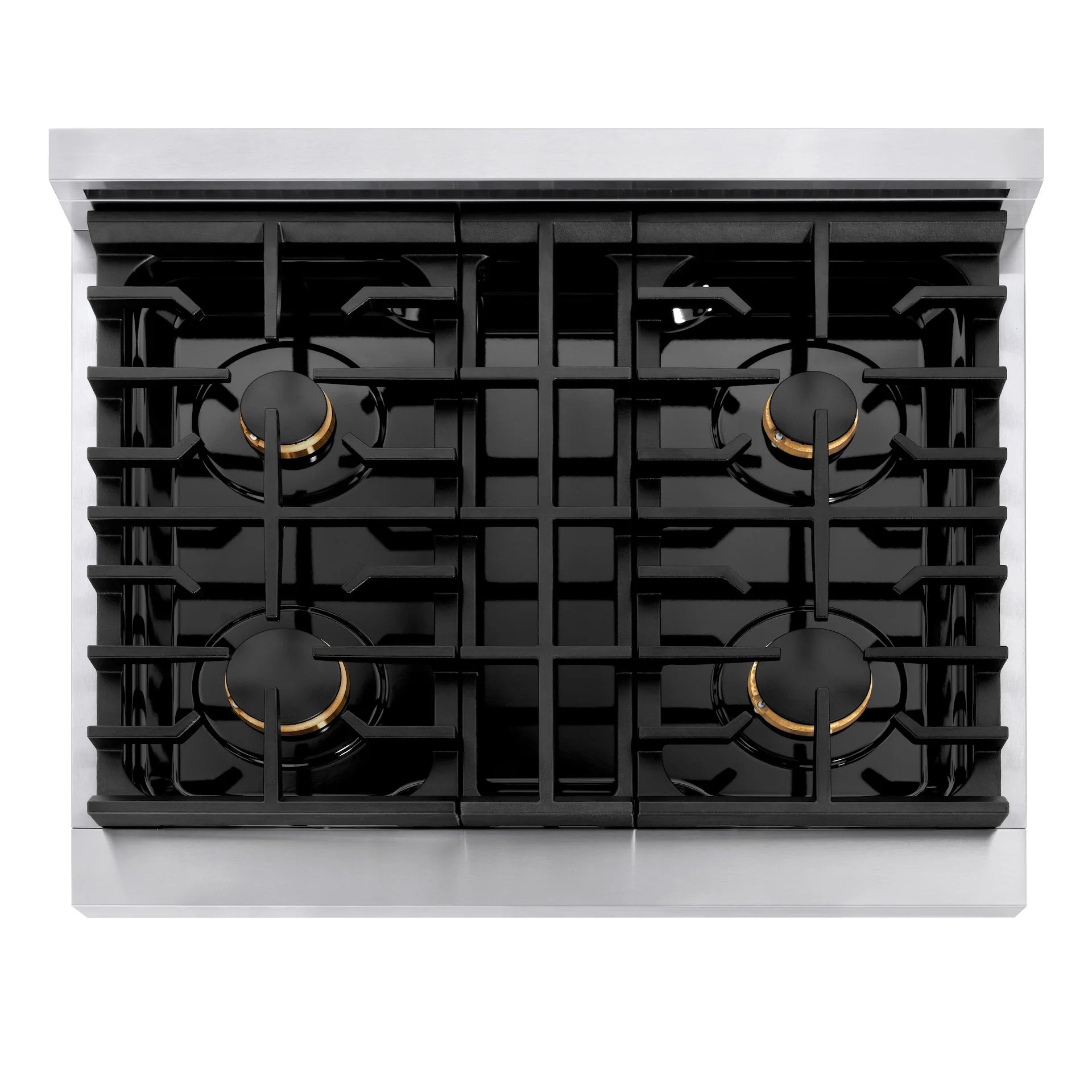 Black gas cooktop with four burners and grates on top of a white range