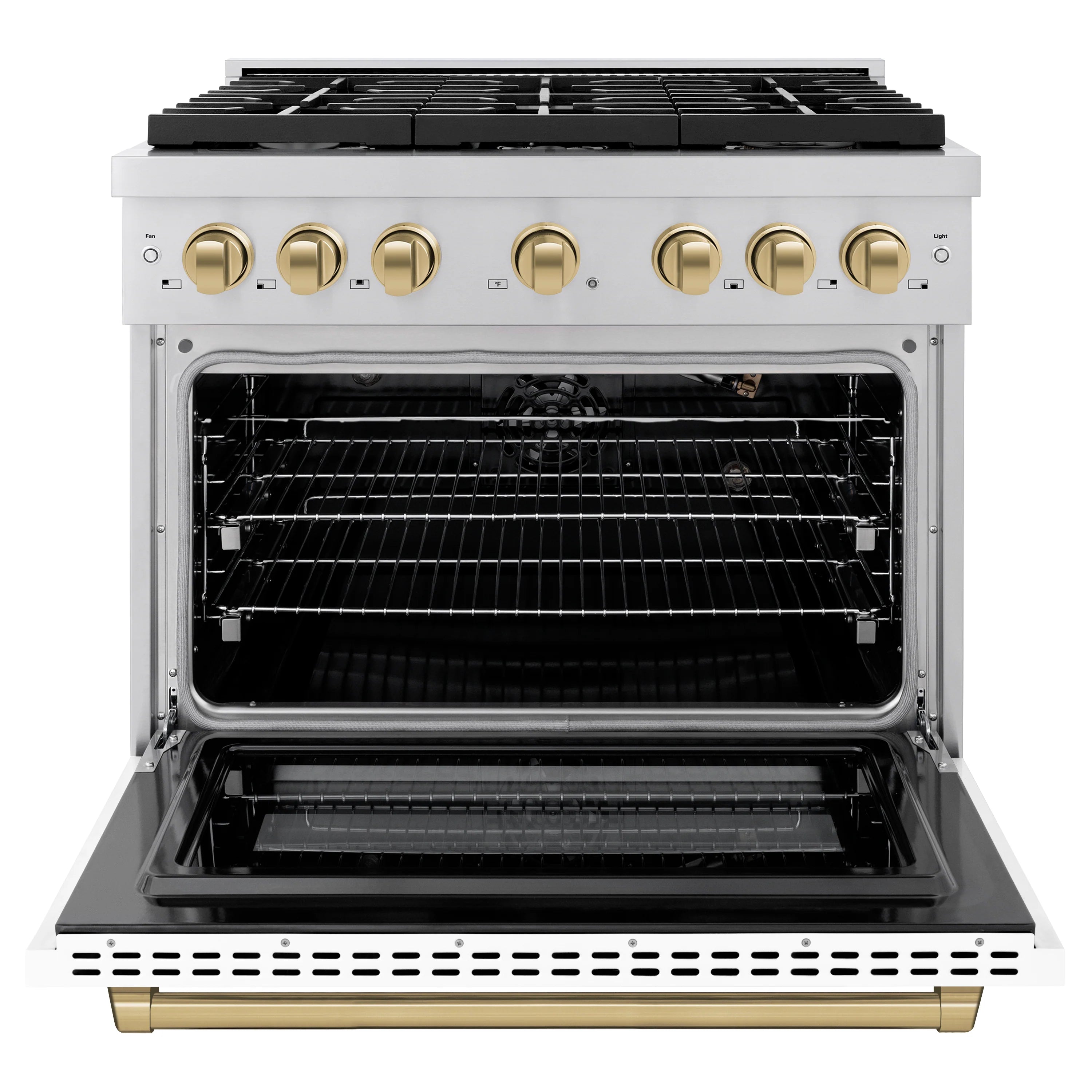 Gas range oven door open showing black interior racks and heating elements