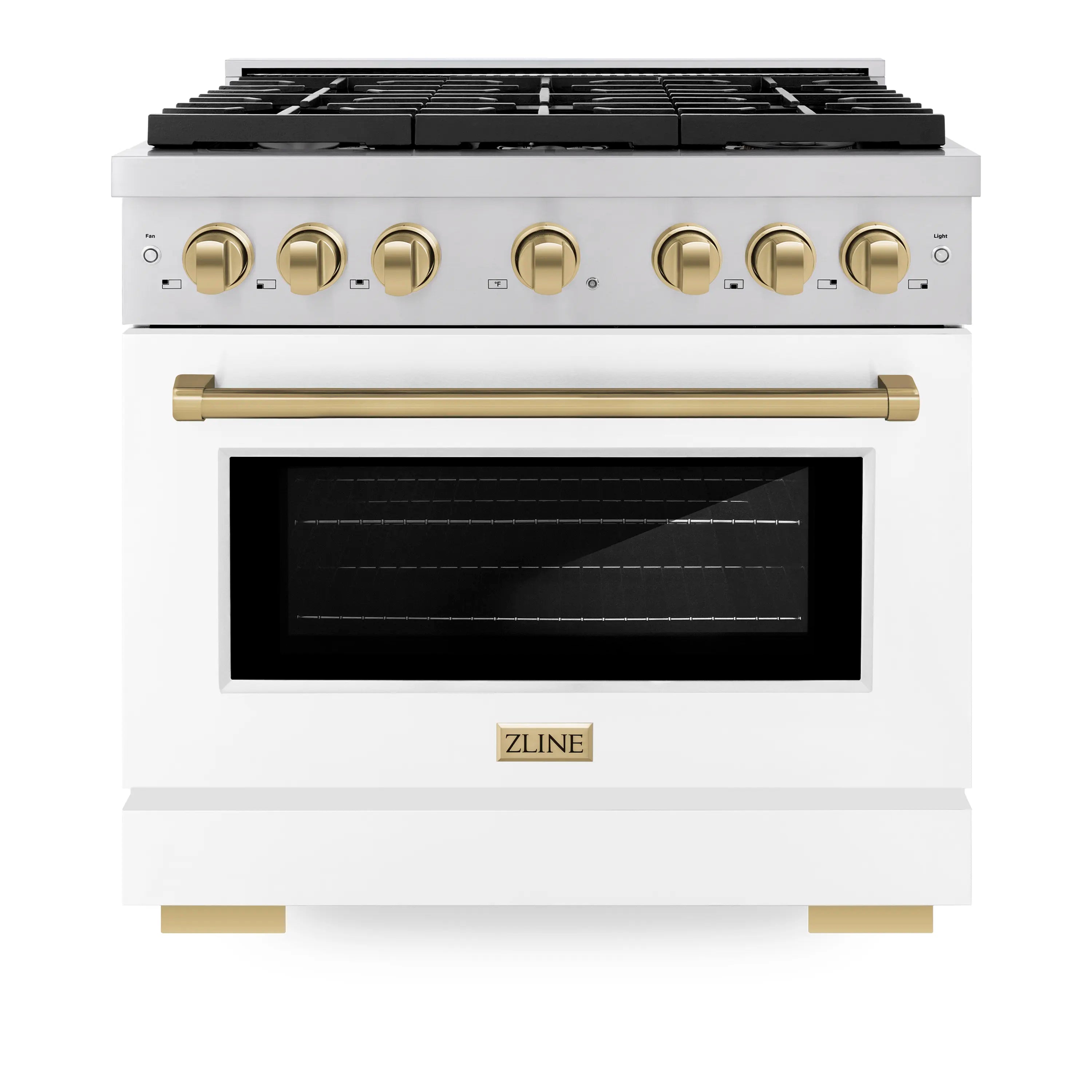 Stainless steel dual fuel range with white matte oven door, champagne bronze knobs and trim