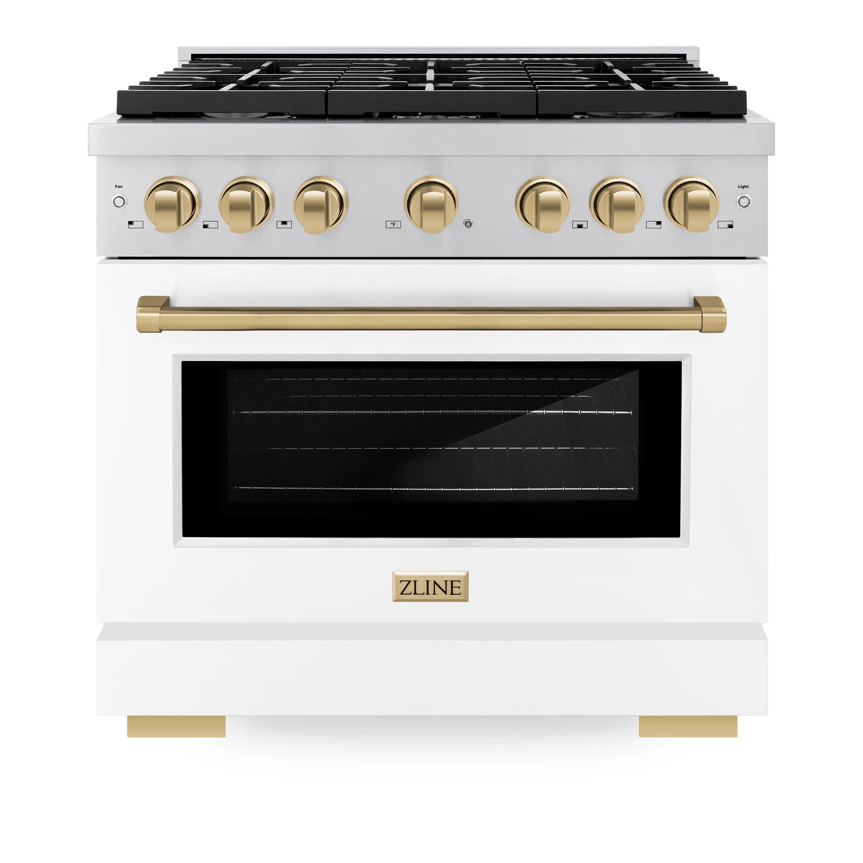 Gas range with white body, black cooktop, and champagne-bronze control trim