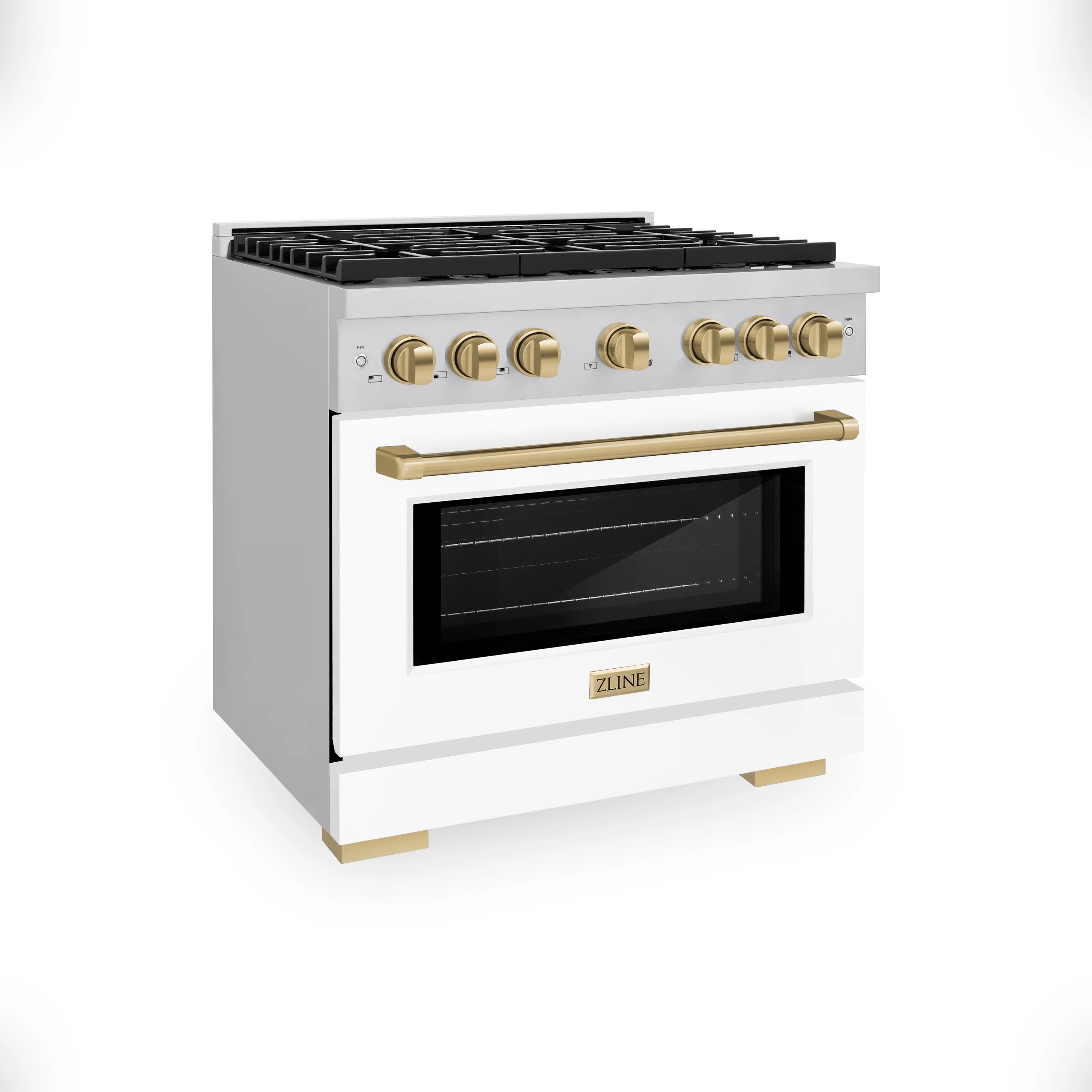 Gas range with white body, black cooktop, and champagne-bronze handle
