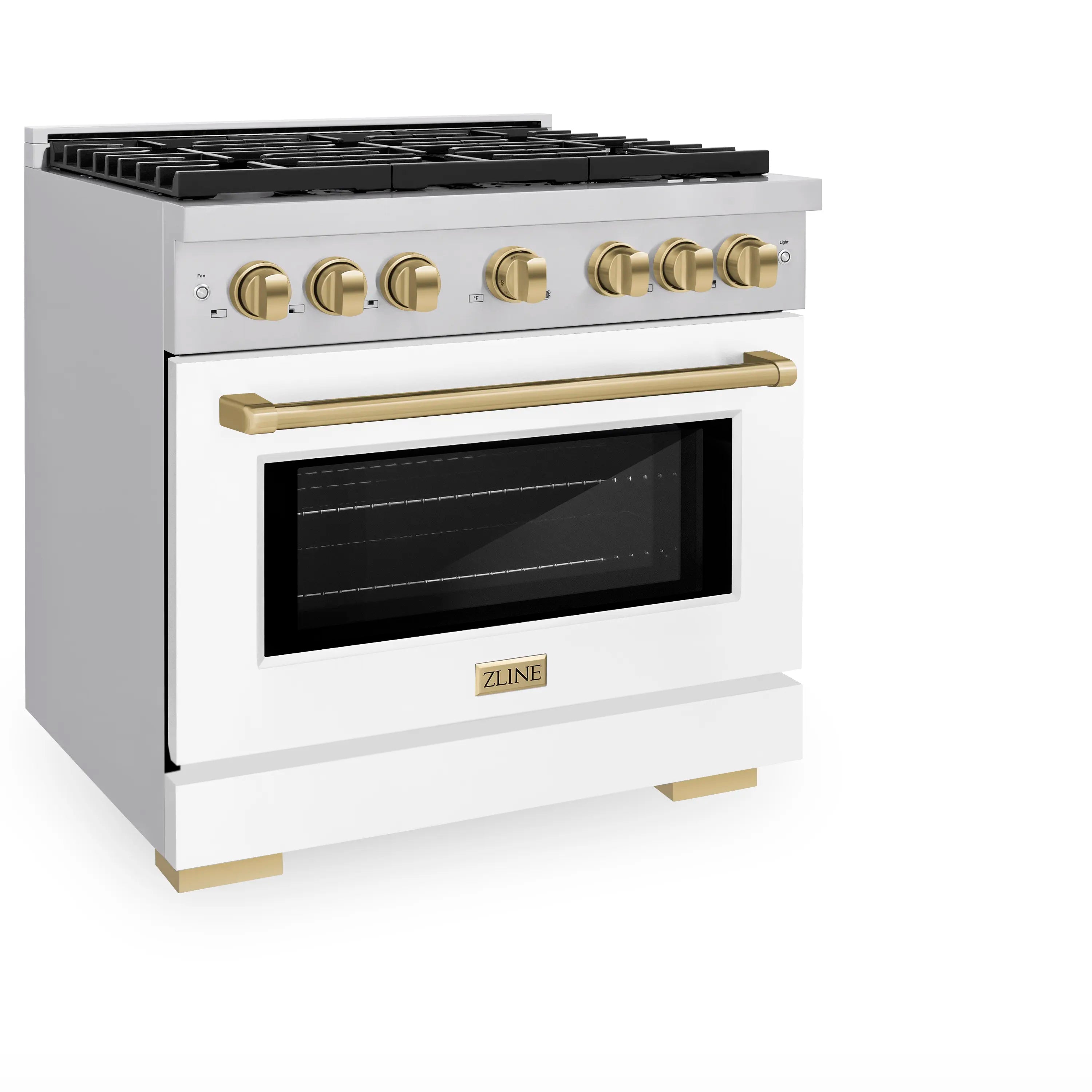 Stainless dual fuel range front view with white matte door and champagne bronze handle