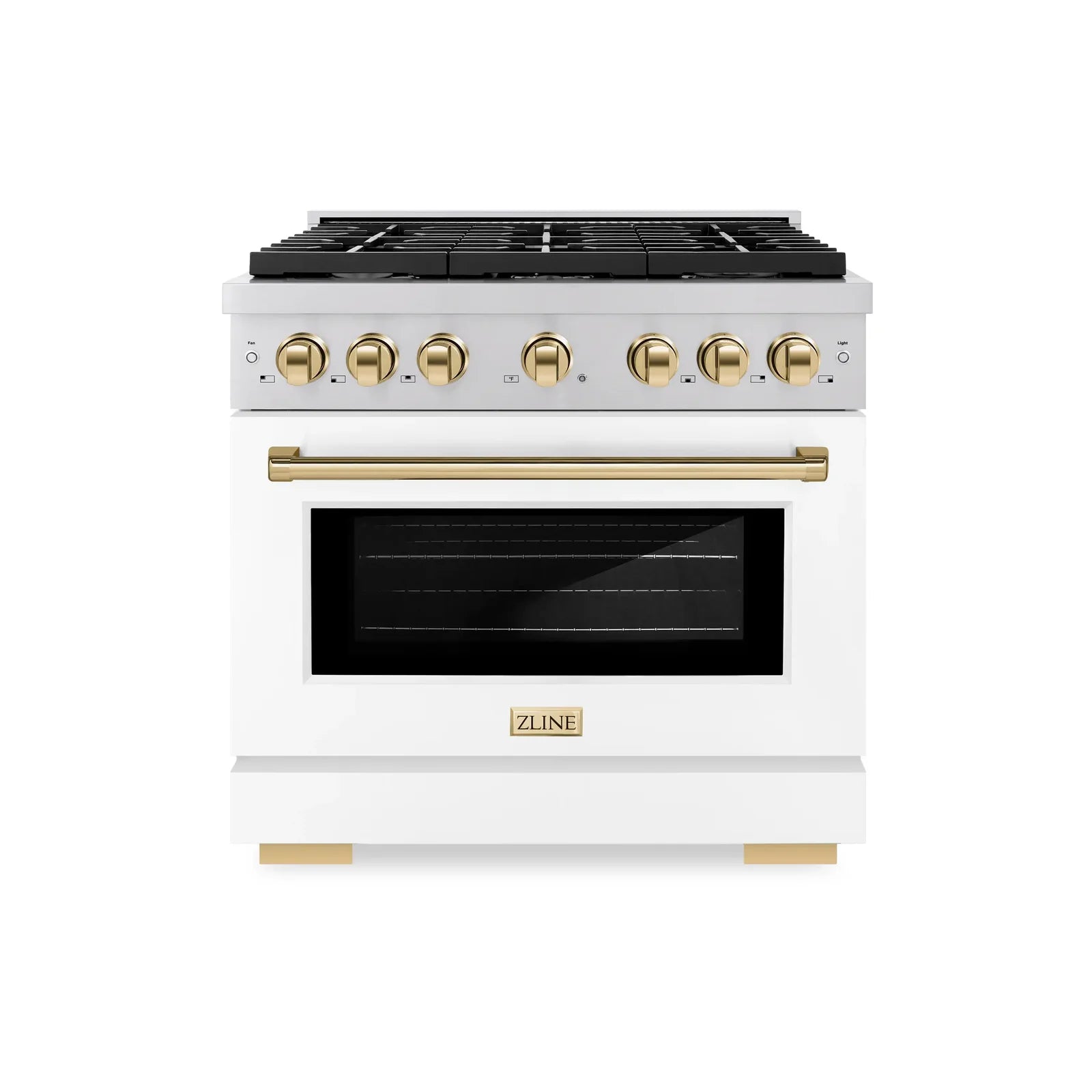 36-inch gas range front view with black oven window and gold control knobs
