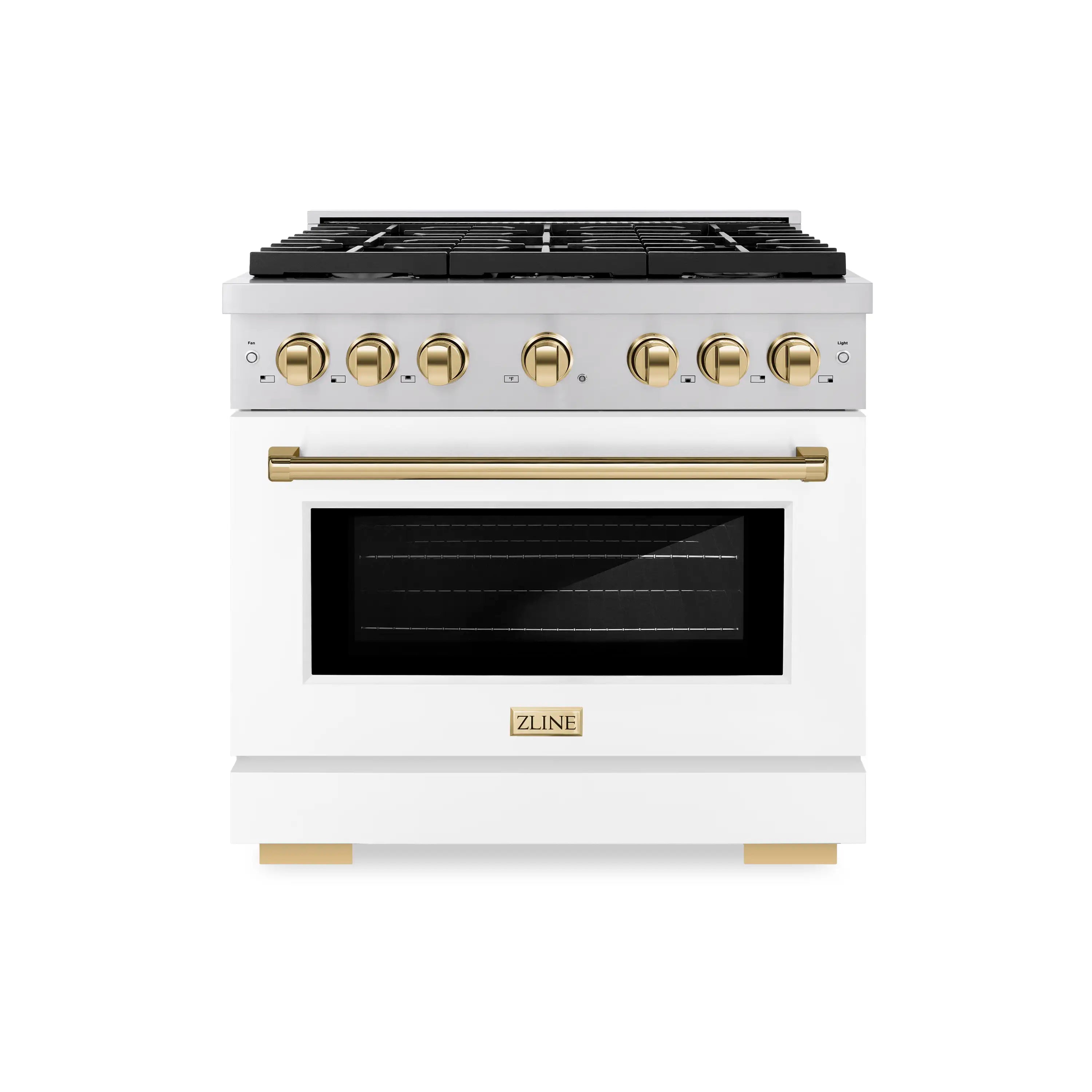 White matte gas range front with gold control knobs and oven window