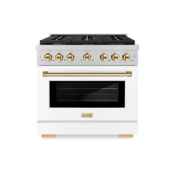 ZLINE Autograph Edition 36-Inch Gas Range with 6 Gas Burners and 5.2 cu. ft. Convection Gas Oven in Stainless Steel with White Matte Door and Polished Gold Accents (SGRZ-WM-36-G)