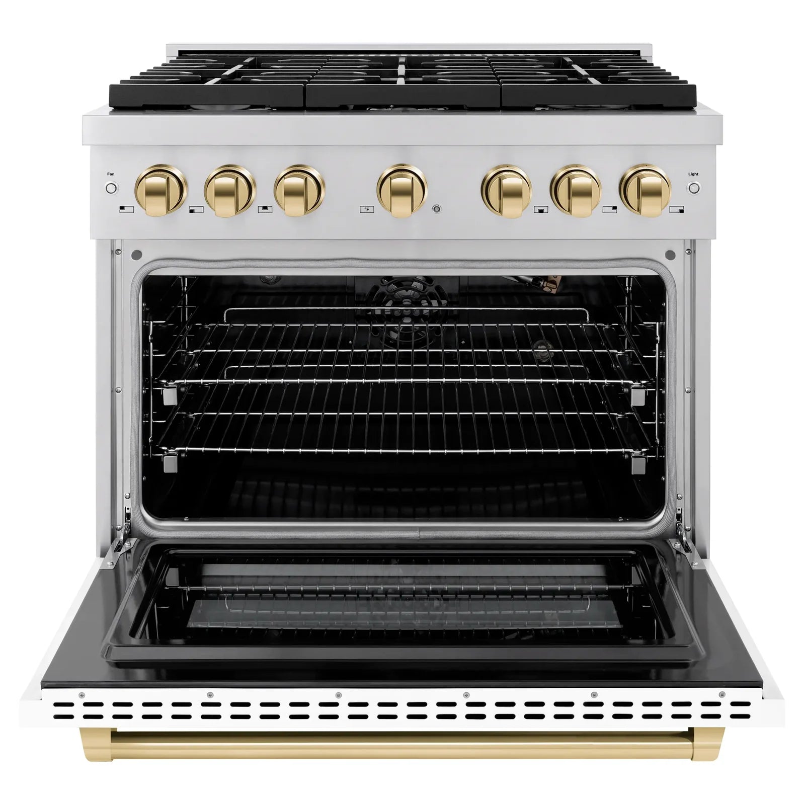 36-inch gas range with oven door open, black racks and gold handle