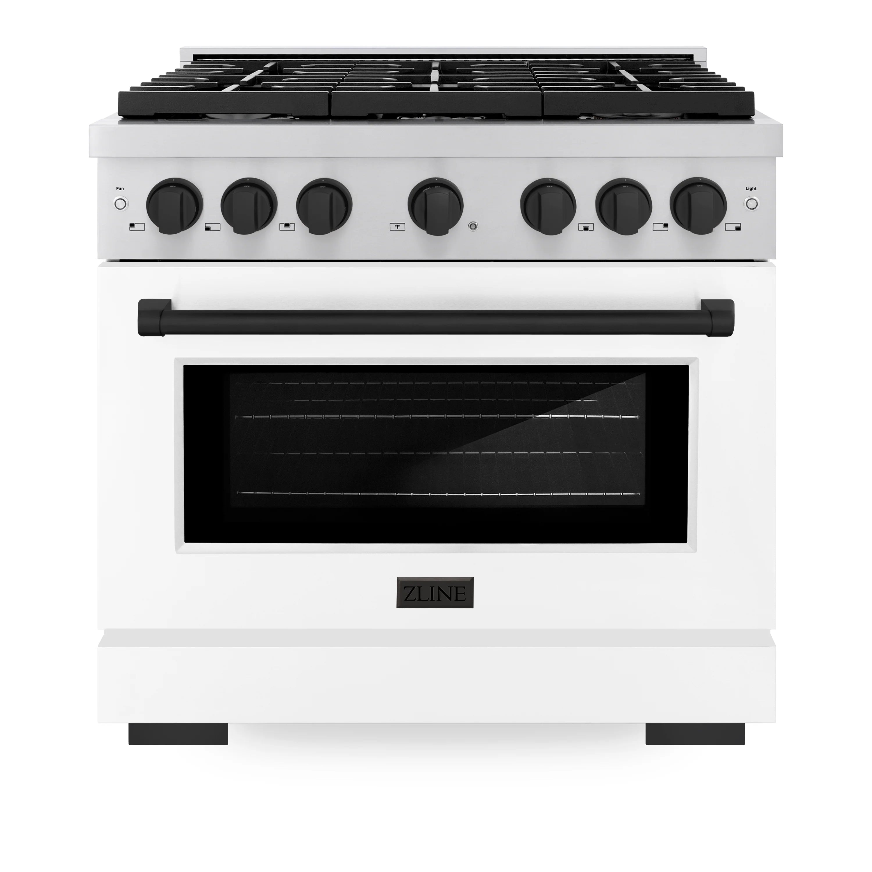 White 36-inch gas range with black knobs and burner grates, oven door