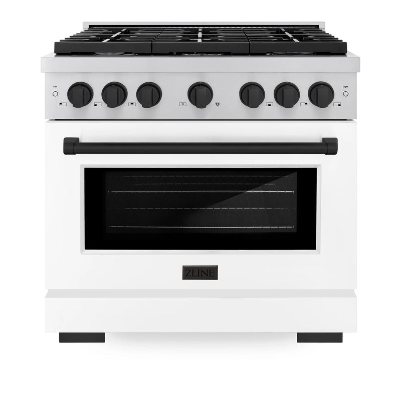 ZLINE Autograph Edition 3-Piece Appliance Package - 36-Inch Gas Range, Wall Mounted Range Hood, & 24-Inch Tall Tub Dishwasher in Stainless Steel and White Door with Matte Black Trim (3AKP-RGWMRHDWM36-MB)