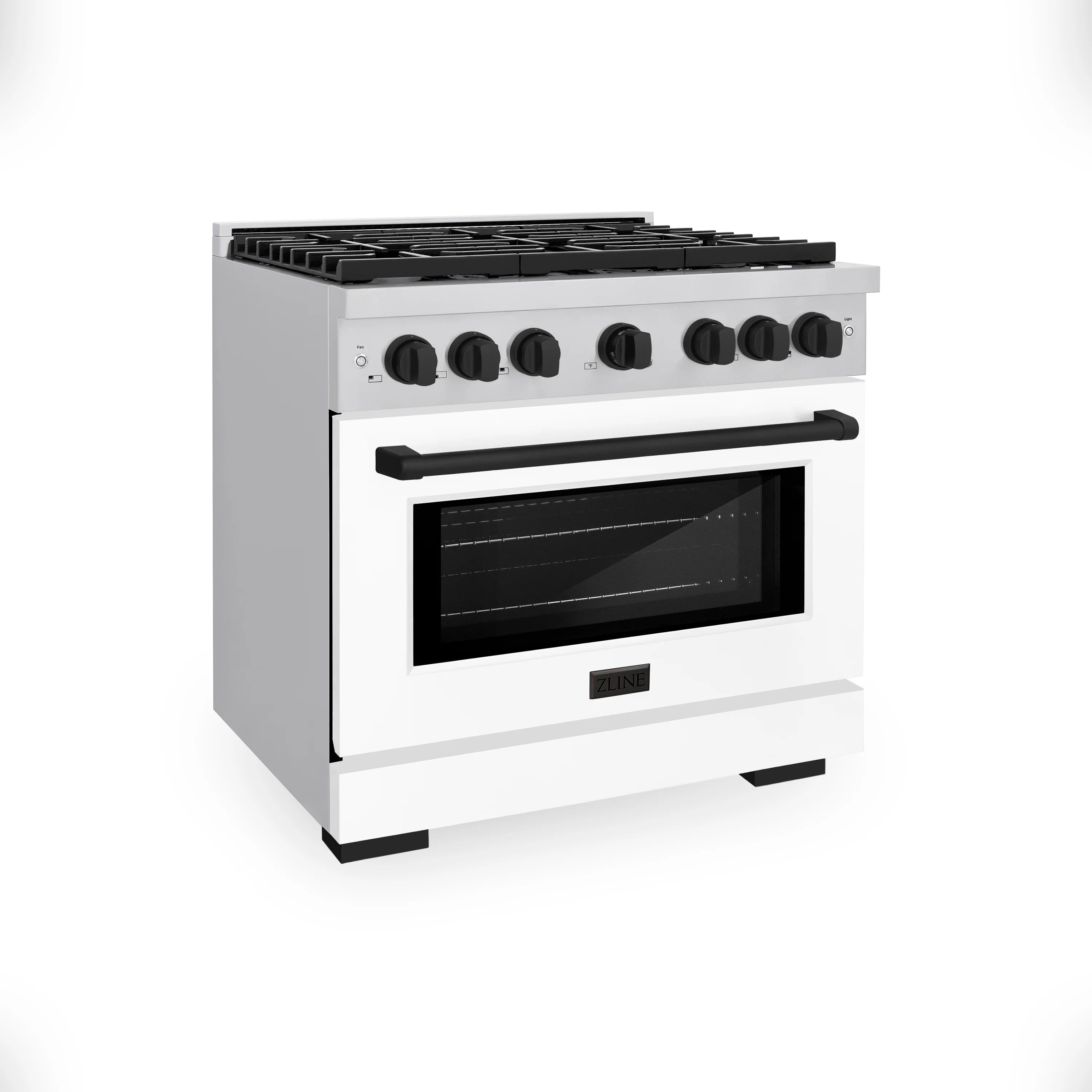 White gas range front view with black cooktop grates, knobs, and oven door