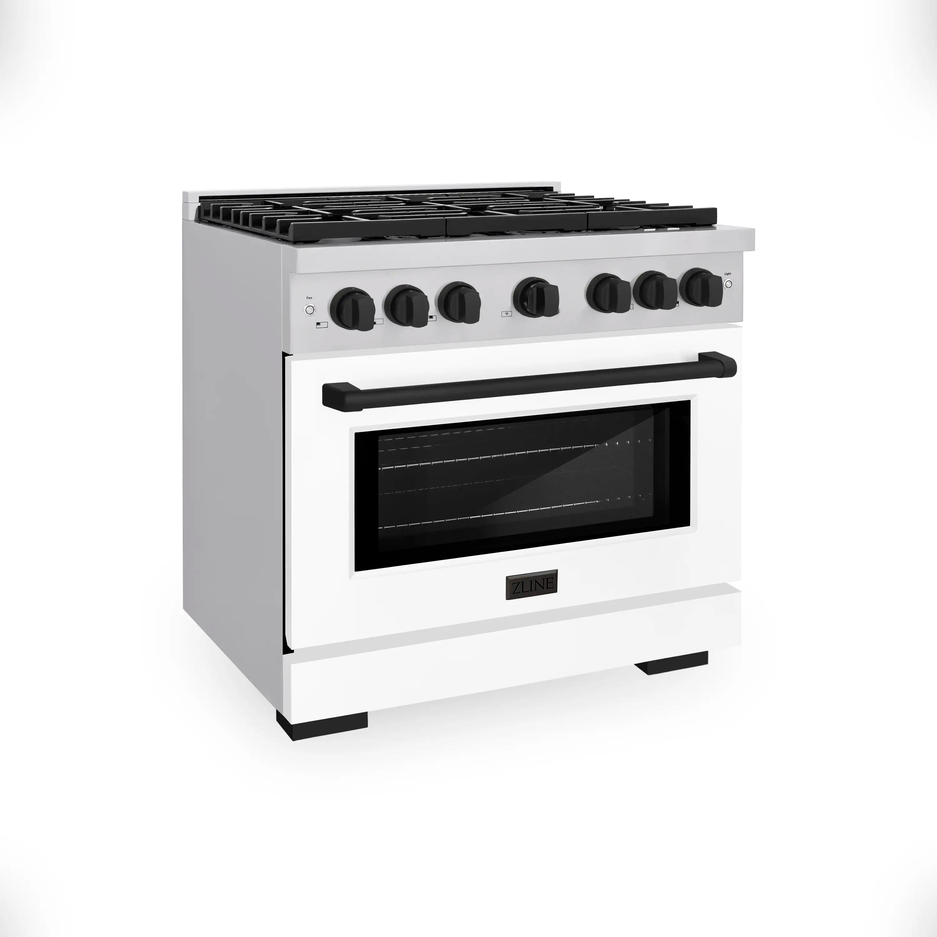 36-inch gas range with stainless body, white oven door, black control knobs