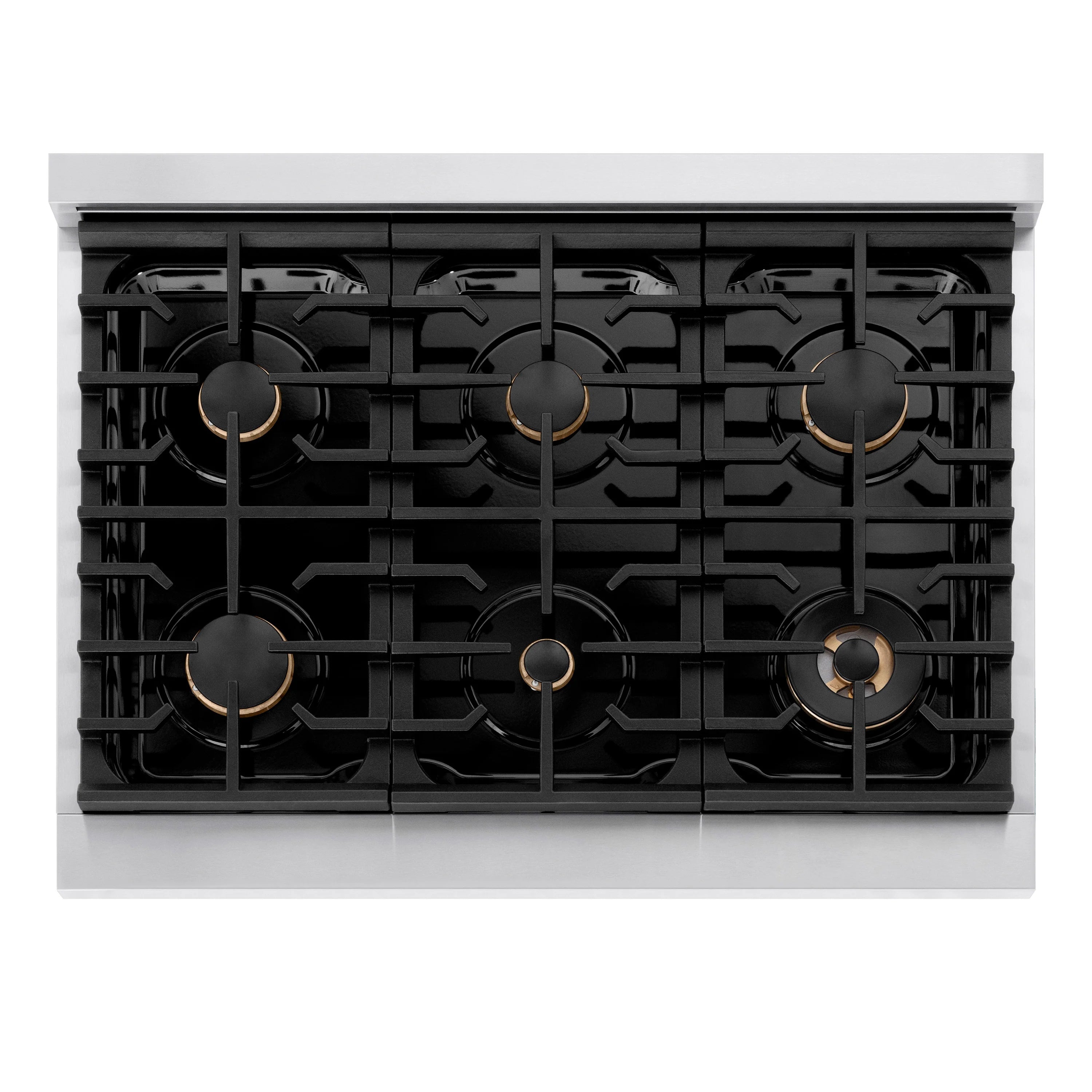 Black 36-inch gas range cooktop with six burners and cast-iron grates