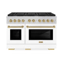 ZLINE Autograph Edition 3-Piece Appliance Package - 48-Inch Gas Range, Wall Mounted Range Hood, & 24-Inch Tall Tub Dishwasher in Stainless Steel and White Door with Champagne Bronze Trim (3AKPR-SGRWMRH48-CB)