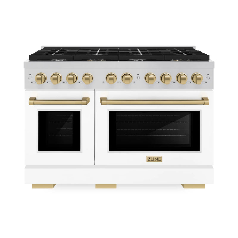 ZLINE Autograph Edition 48-Inch Gas Range with 6 Gas Burners and 6.7 cu. ft. Double Gas Oven in Stainless Steel with White Matte Doors and Champagne Bronze Accents (SGRZ-WM-48-CB)