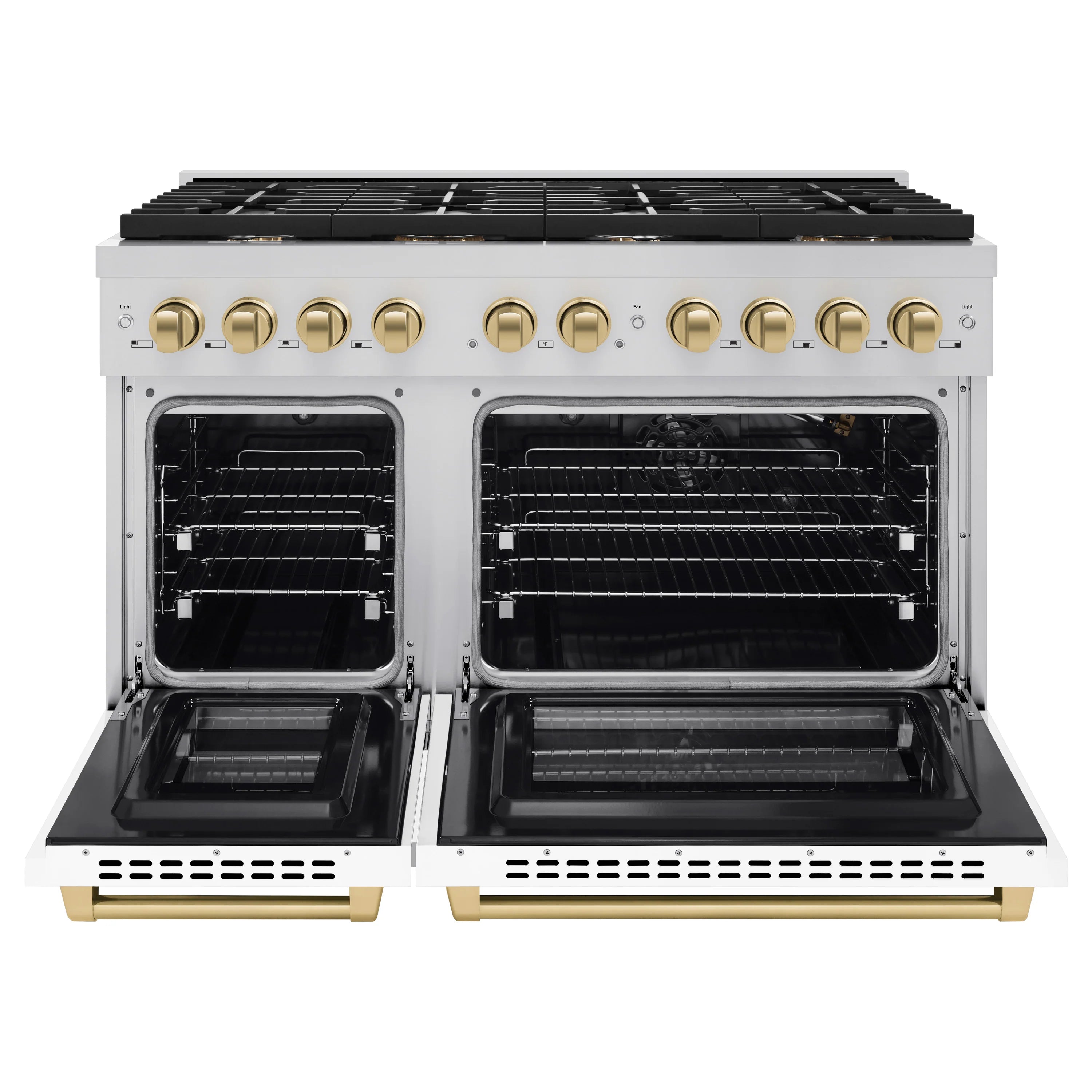 Gas range with open dual ovens and black baking racks, white body with bronze rails