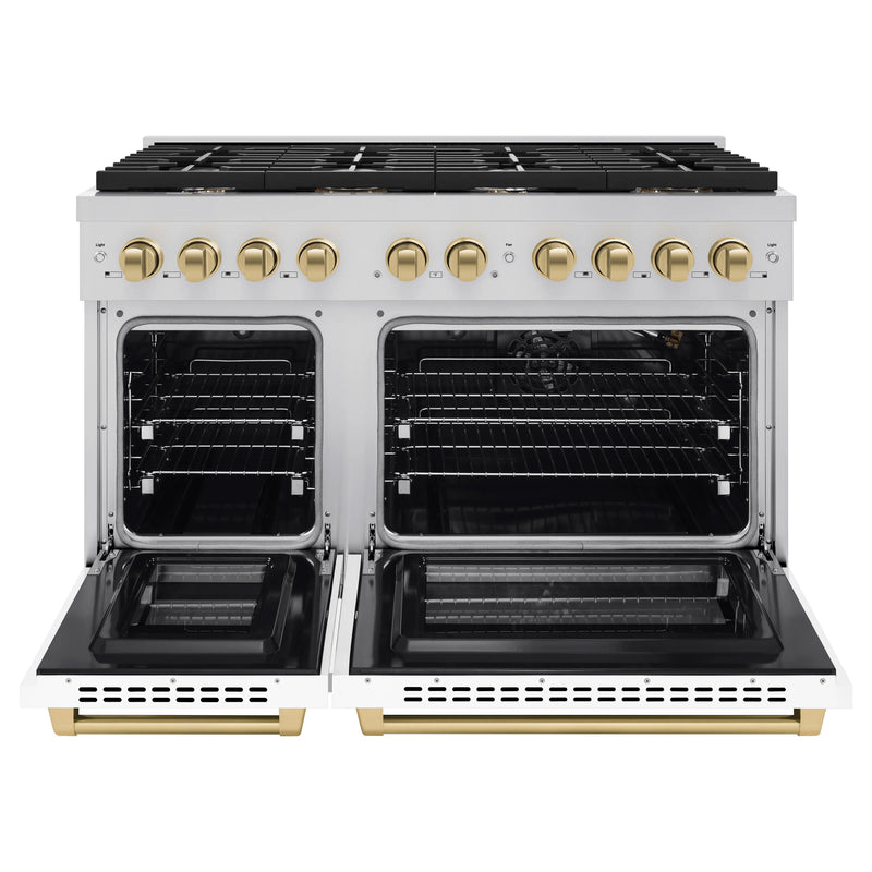 ZLINE Autograph Edition 3-Piece Appliance Package - 48-Inch Gas Range, Wall Mounted Range Hood, & 24-Inch Tall Tub Dishwasher in Stainless Steel and White Door with Champagne Bronze Trim (3AKPR-RGWMRH48-CB)