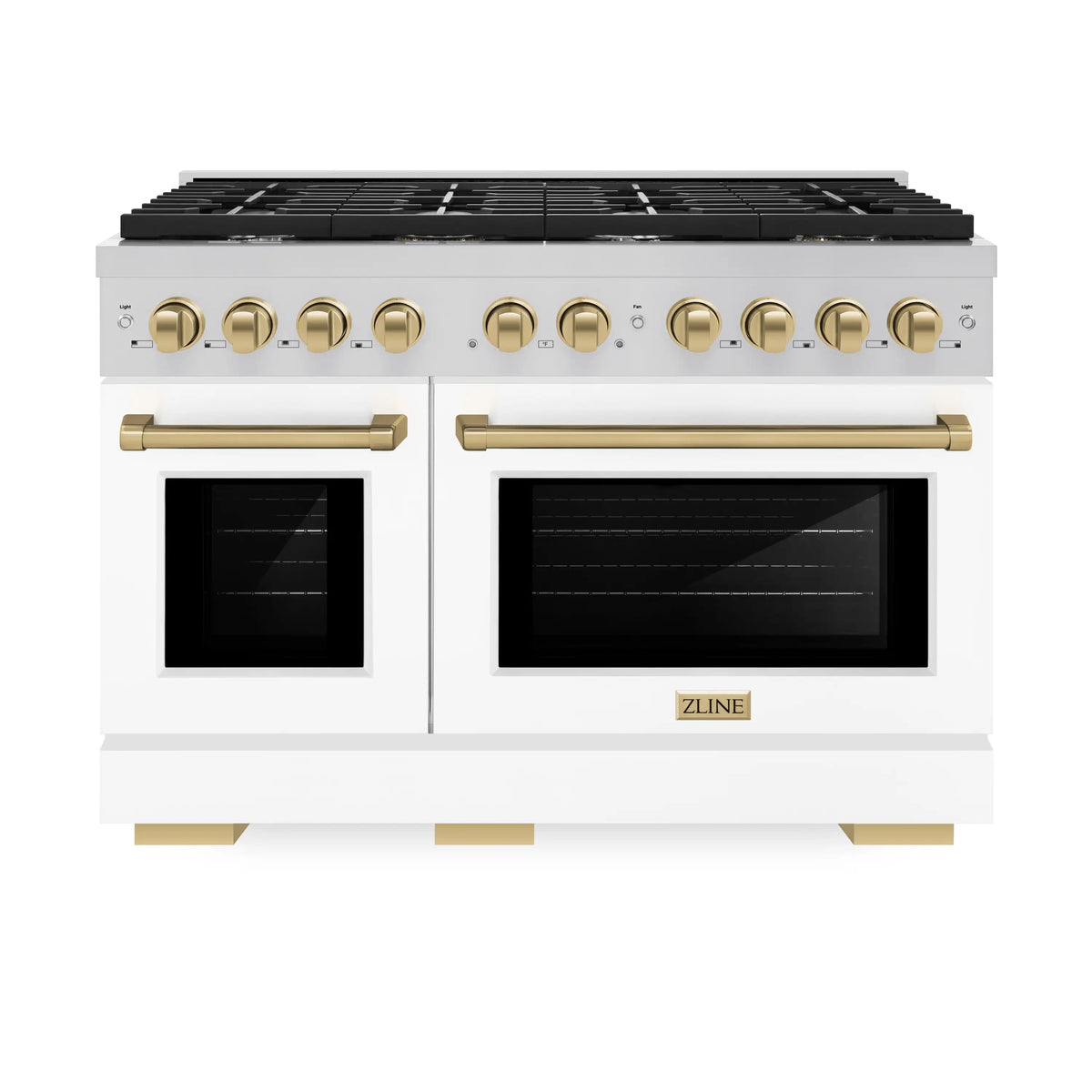 White gas range with two oven doors, black cooktop, and champagne bronze control knobs