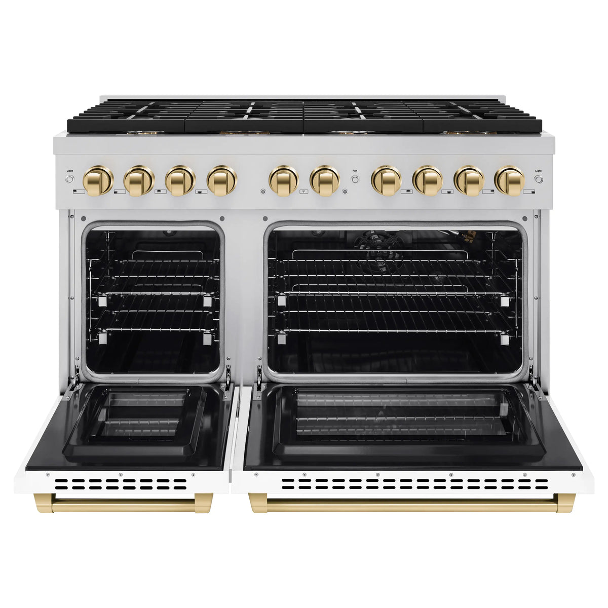 Gas range with both oven doors open, showing interior racks and stainless oven interiors