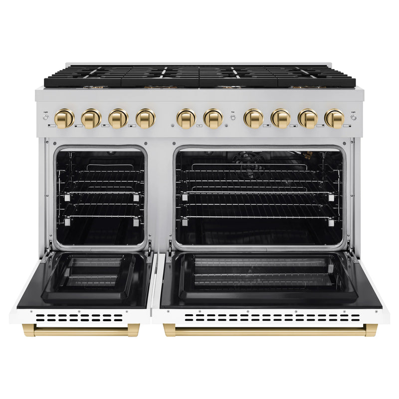 ZLINE Autograph Edition 3-Piece Appliance Package - 48-Inch Gas Range, Wall Mounted Range Hood, & 24-Inch Tall Tub Dishwasher in Stainless Steel and White Door with Gold Trim (3AKPR-RGWMRH48-G)