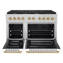 ZLINE Autograph Edition 4-Piece Appliance Package - 48-Inch Stainless Steel Gas Range, Refrigerator with Water Dispenser, Wall Mounted Range Hood, & 24-Inch Tall Tub Dishwasher in White Matte and Gold Accents (4AKPR-SGRWMRHDWM48-G)
