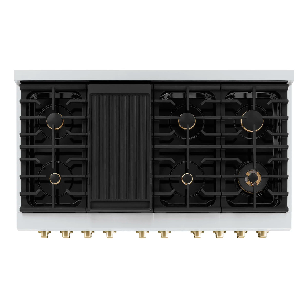 Underside view of black burner layout with gold burner bases and center cover