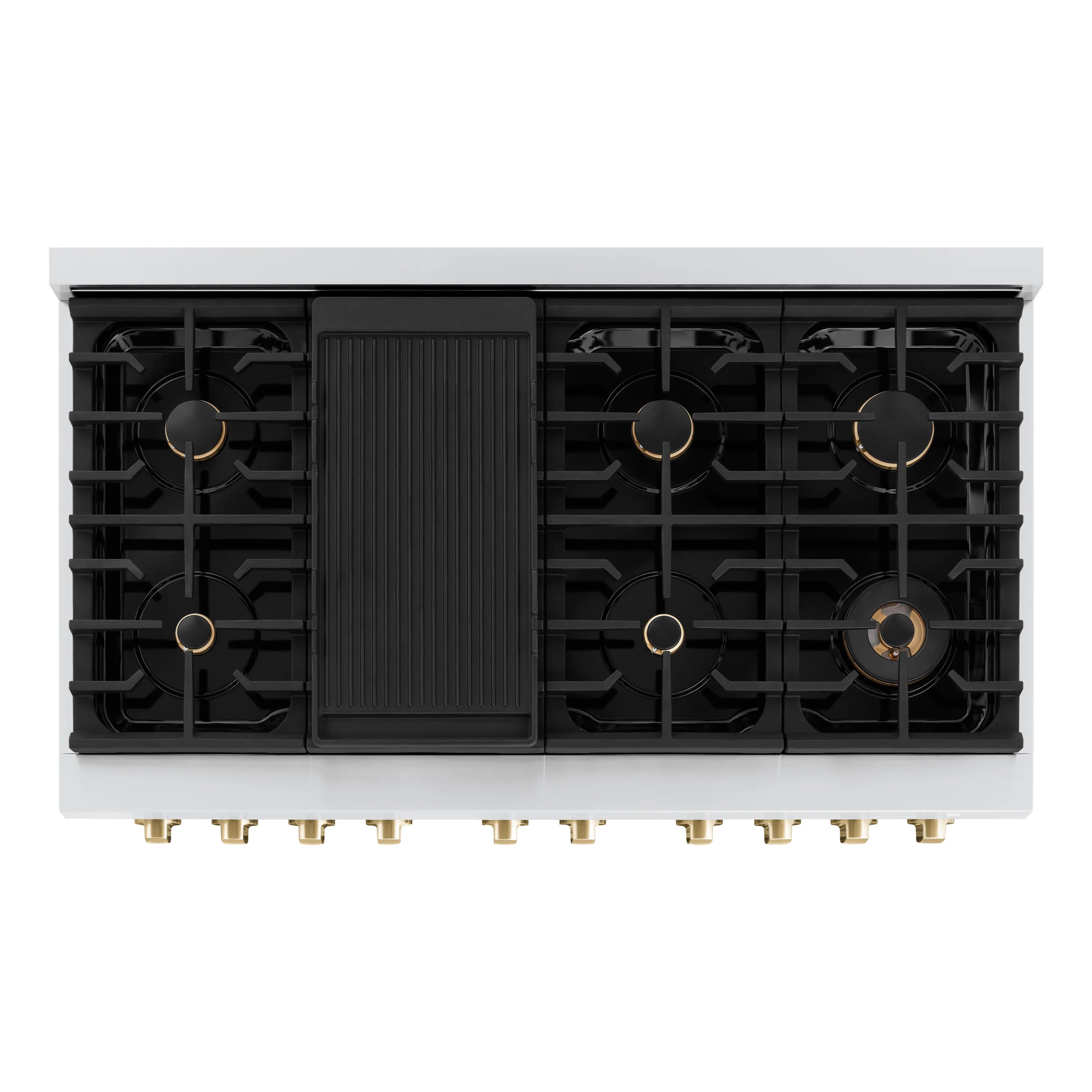 Bottom view of gas cooktop with black burner grate supports and gold burner ports