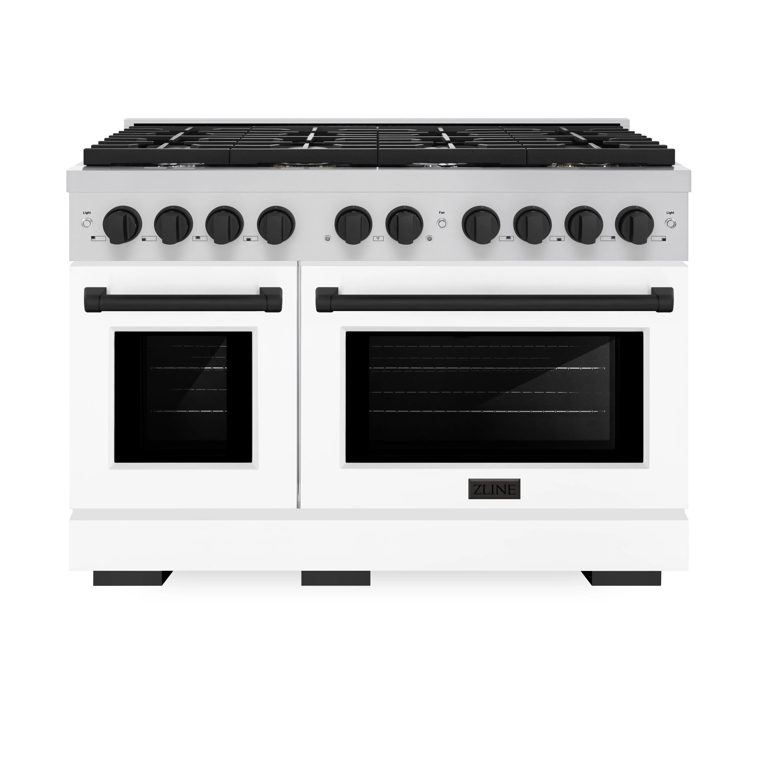 Stainless steel gas range with two dark windows, black knobs, and burner grates