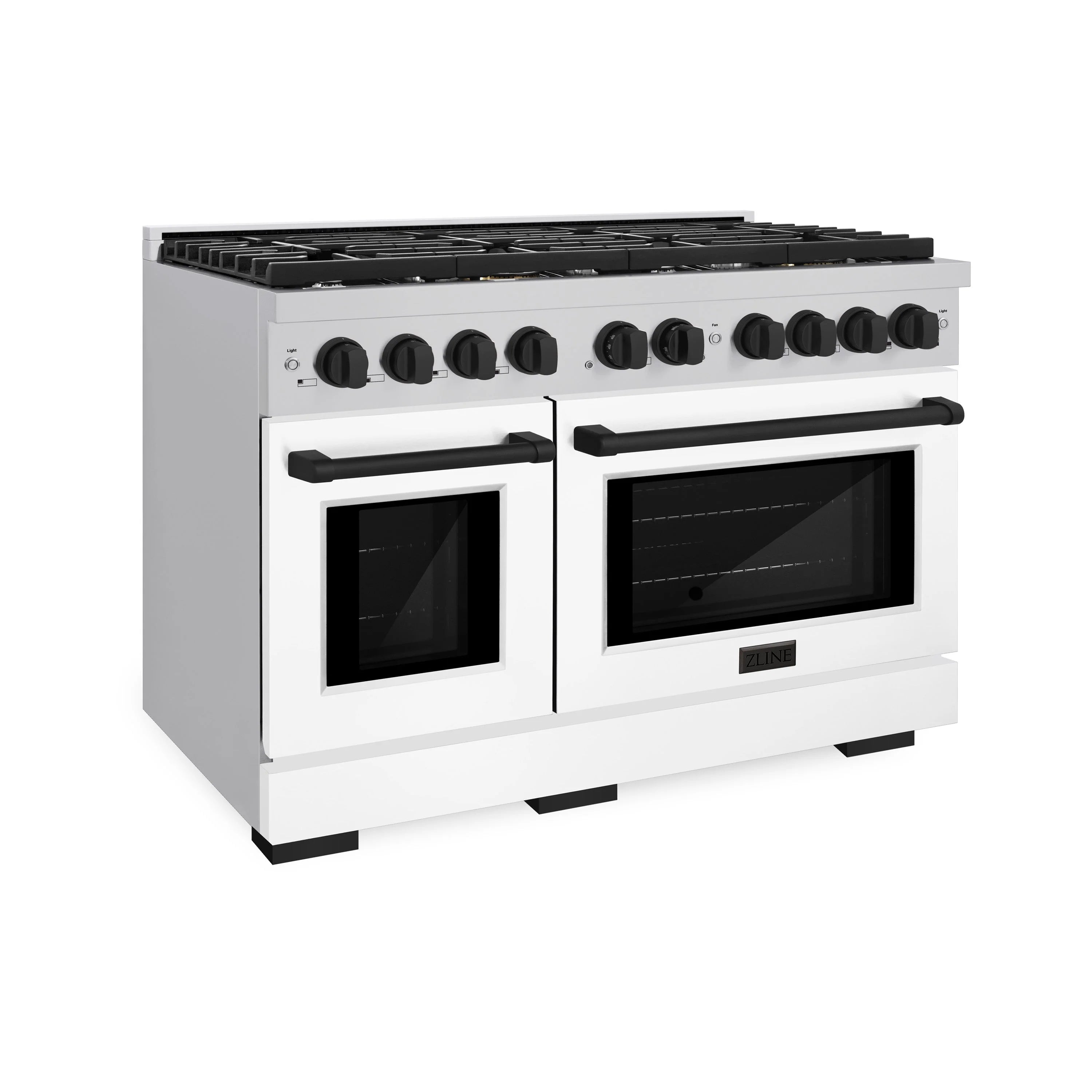 Stainless steel double oven gas range with black burner knobs and two oven doors