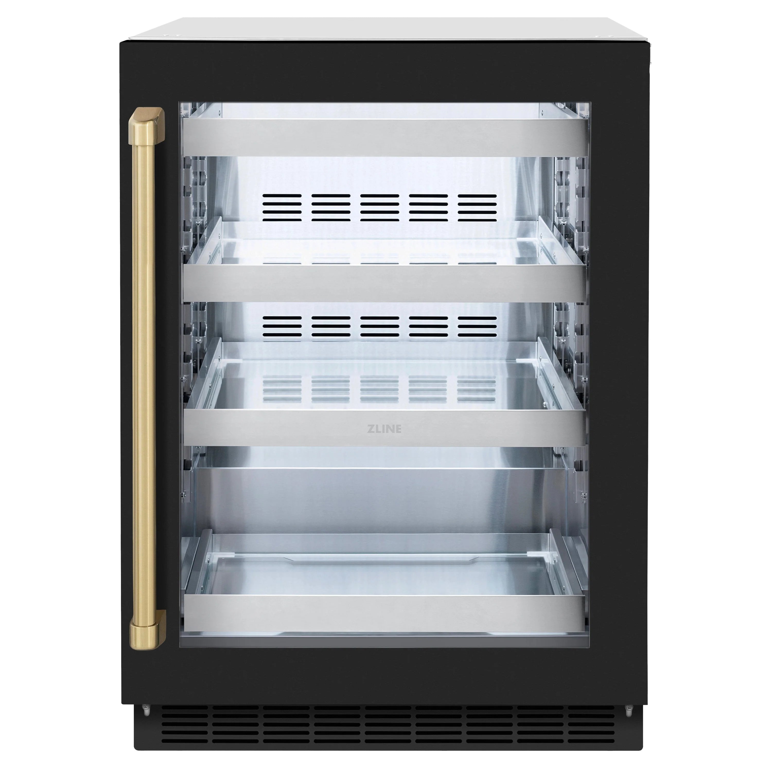 Black beverage refrigerator with glass door open and champagne bronze pull handle