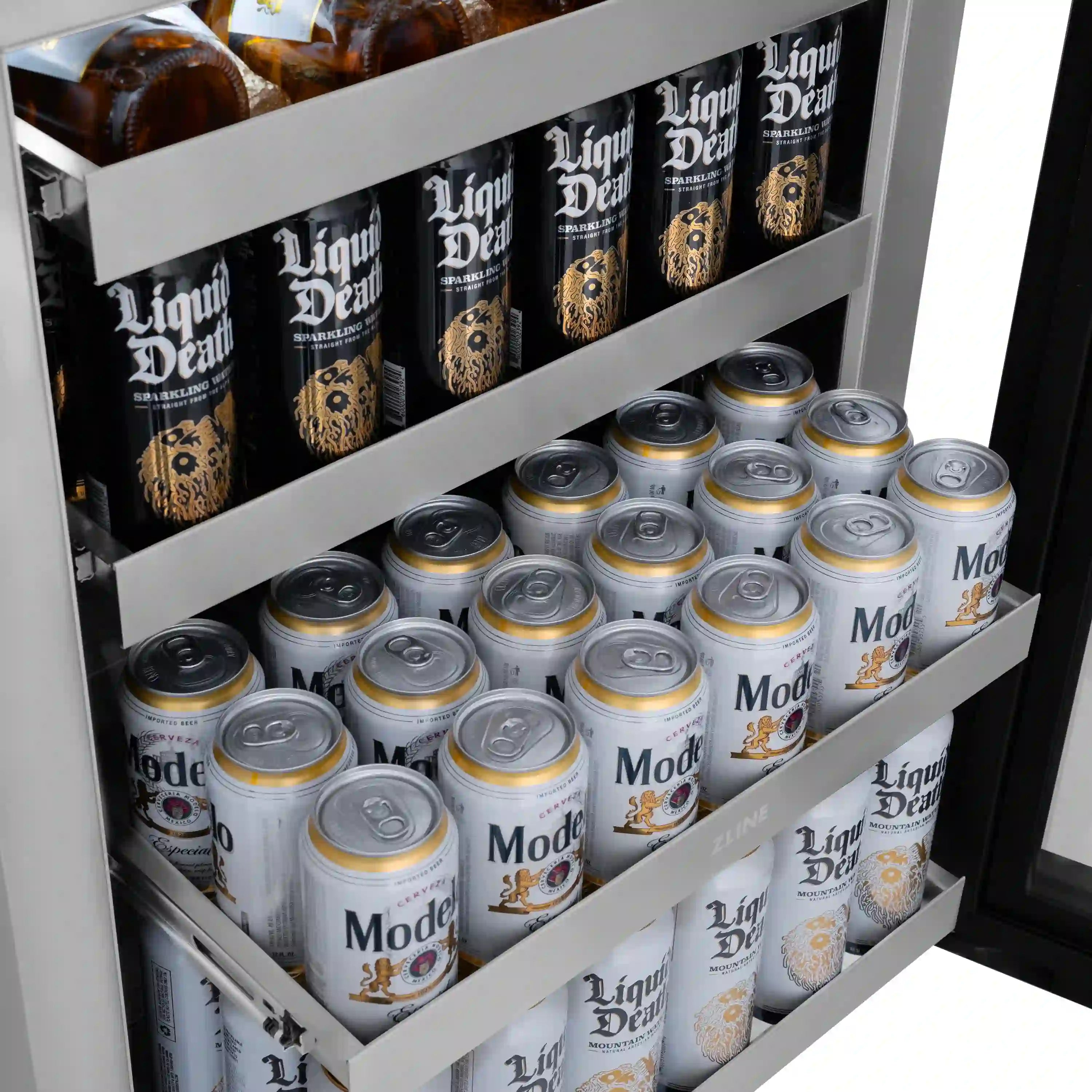Black stainless beverage fridge interior with glass door and rows of canned drinks