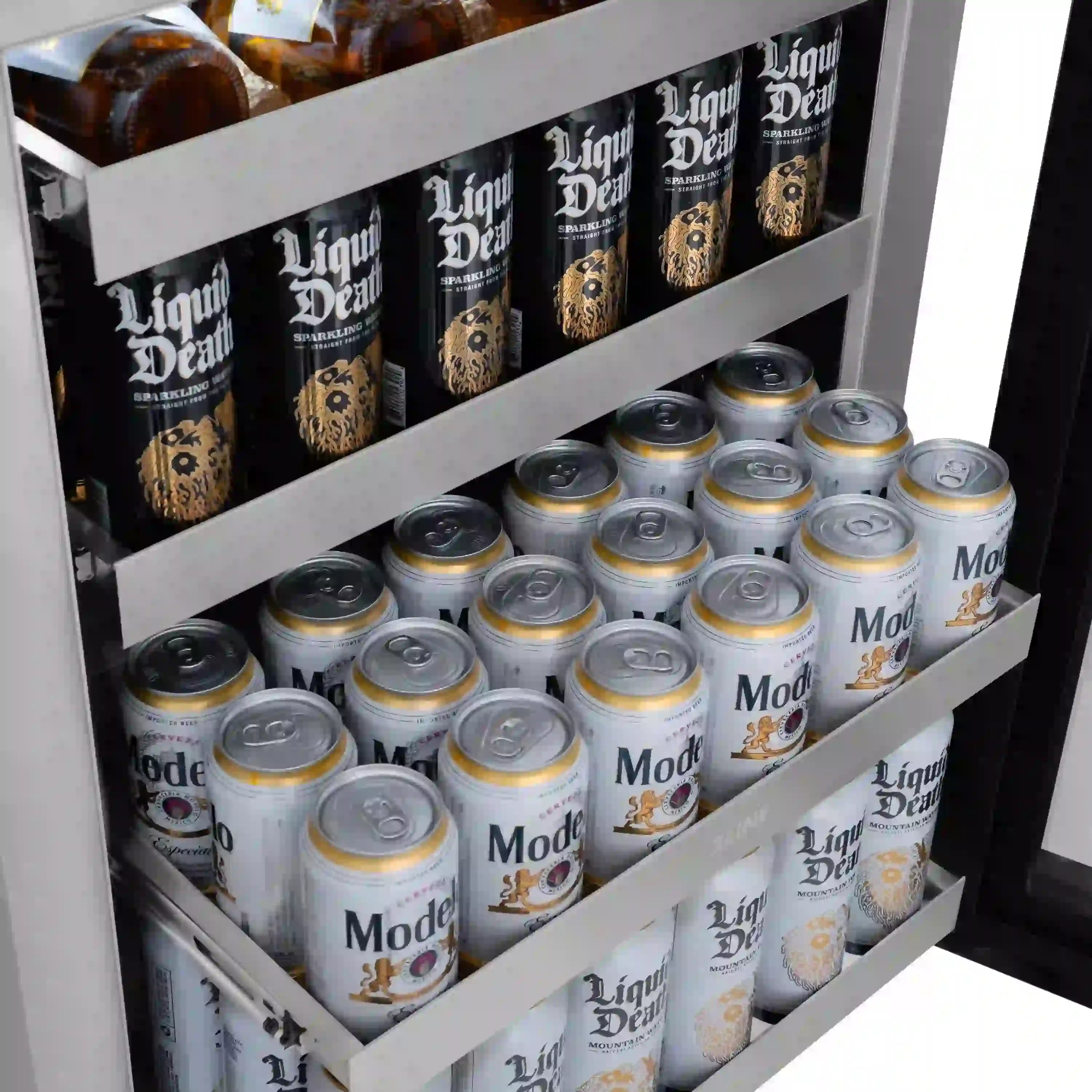 24-inch beverage fridge with black glass door, stocked with drink cans on wire shelves.