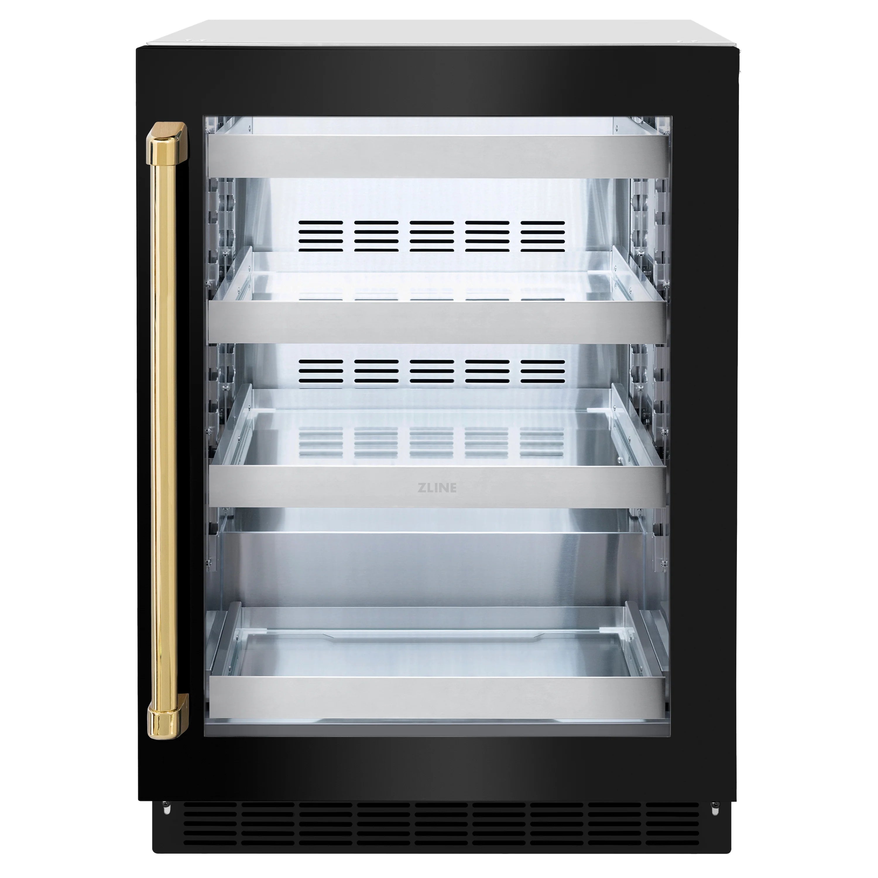24-inch beverage fridge with black stainless body, gold handle, and glass door showing shelves.