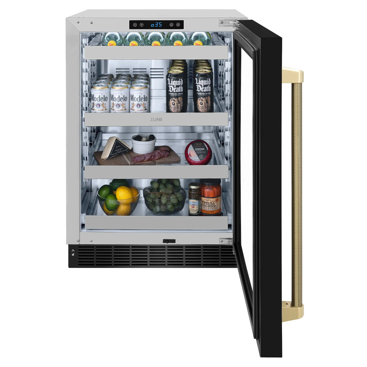 Black stainless beverage fridge with glass door open, holding bottles and jars on shelves