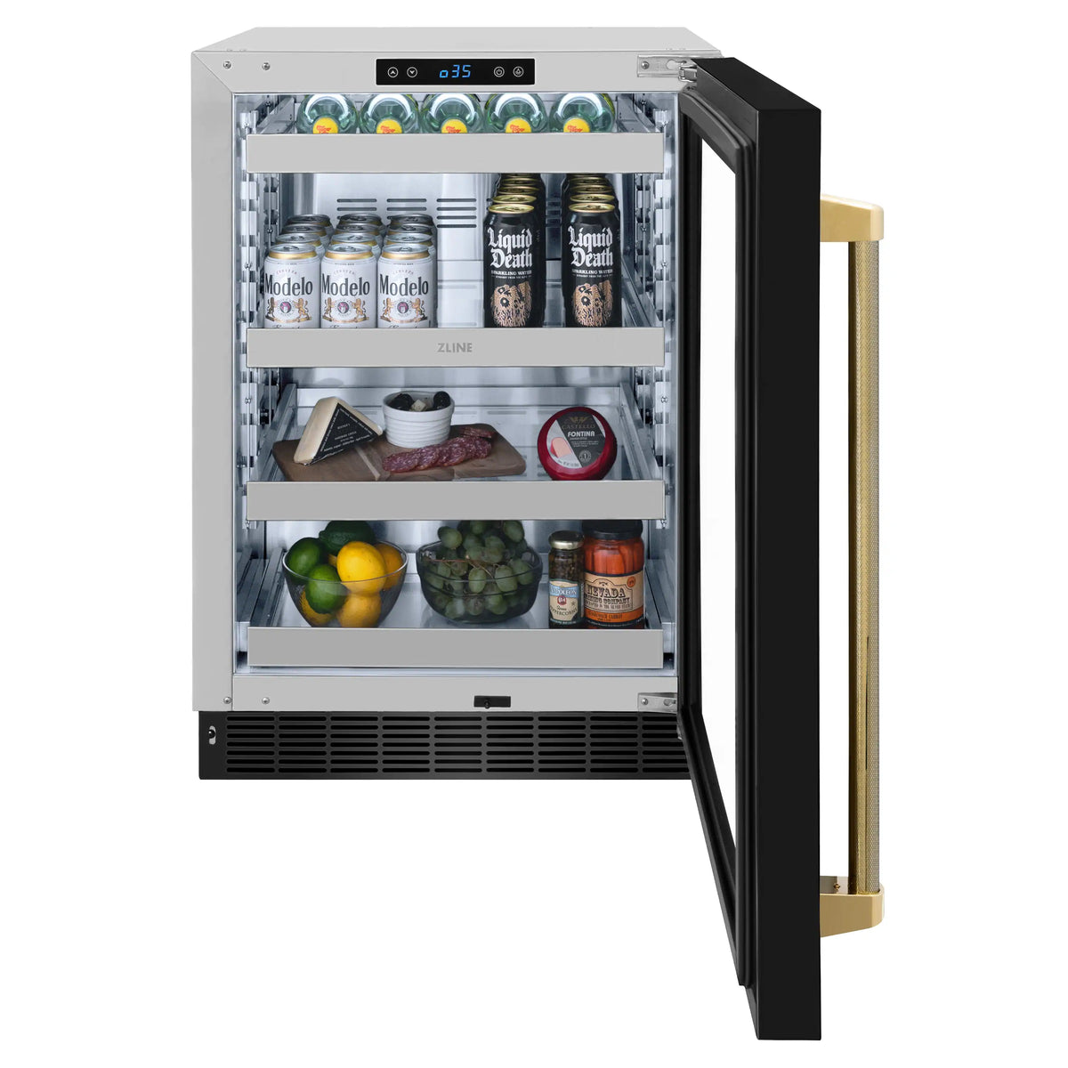 Built-in beverage refrigerator with glass door open, shelves with drinks and produce