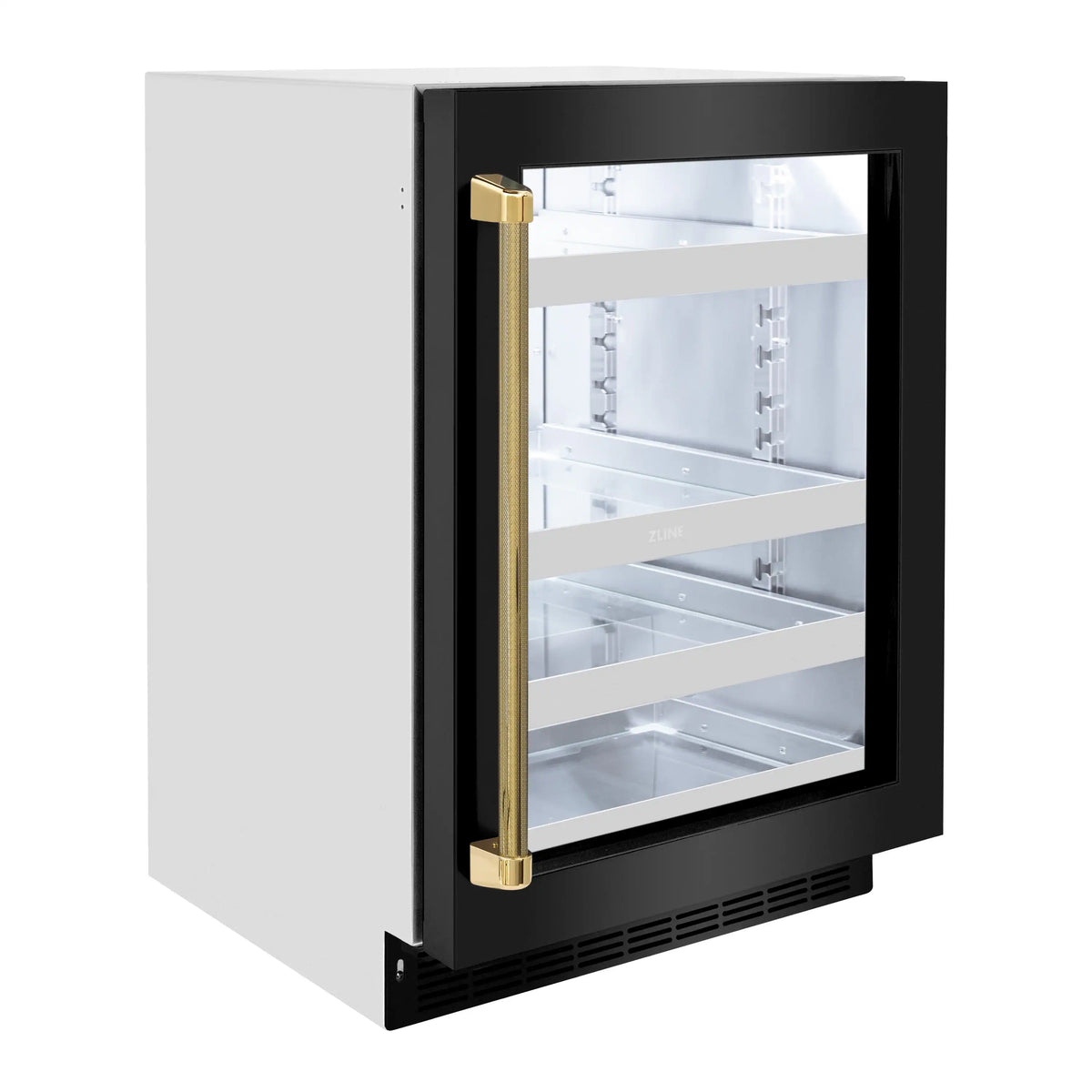 Black-framed glass door beverage refrigerator with gold helix handle and interior shelves