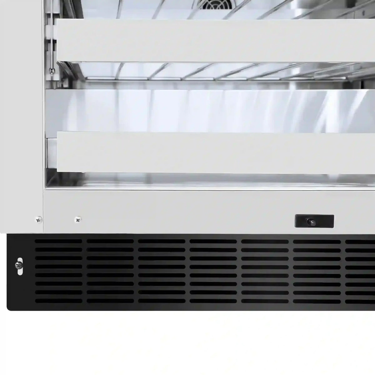 Wine cooler front vent panel with horizontal grille and built-in black power control.