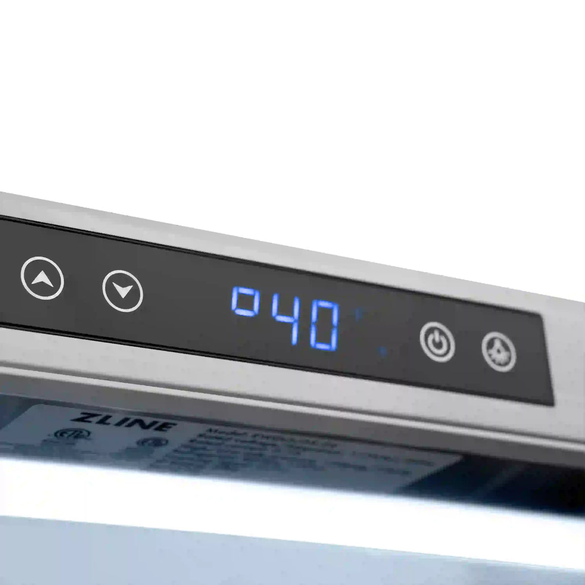 Wine cooler control panel with blue digital temperature display and touch buttons.